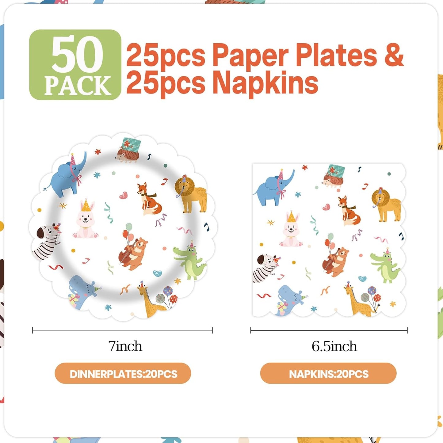 50pcs Animal Parade Paper Plates&Napkins Party Supplies-Scalloped Cute Disposable Animal Tableware White Birthday Dinner Plates for Kids Animal Zoo Birthday Baby Shower Party Celebrations Serves 25