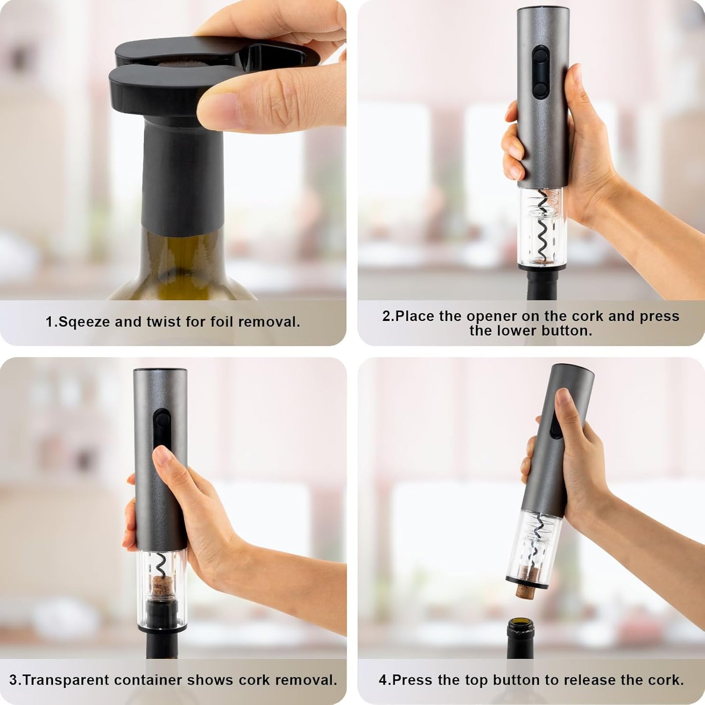 COKUNST Electric Wine Opener Set, 4-in-1 Wine Bottle Openers Set with Base, Automatic Corkscrew with Foil Cutter, Pour, Vacuum Stoppers for Home Party Wedding Bar - Battery Operated (Space Gray)