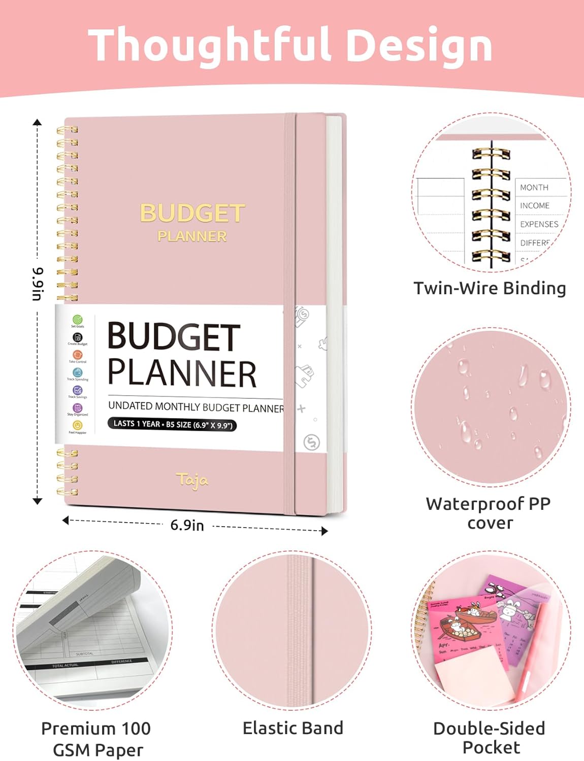 Budget Planner - Monthly Budget Book with Expense Tracker Notebook, Undated Bill Organizer & Finance Planner to Take Control of Your Money, Account Book to Manage Your Finances-Pink