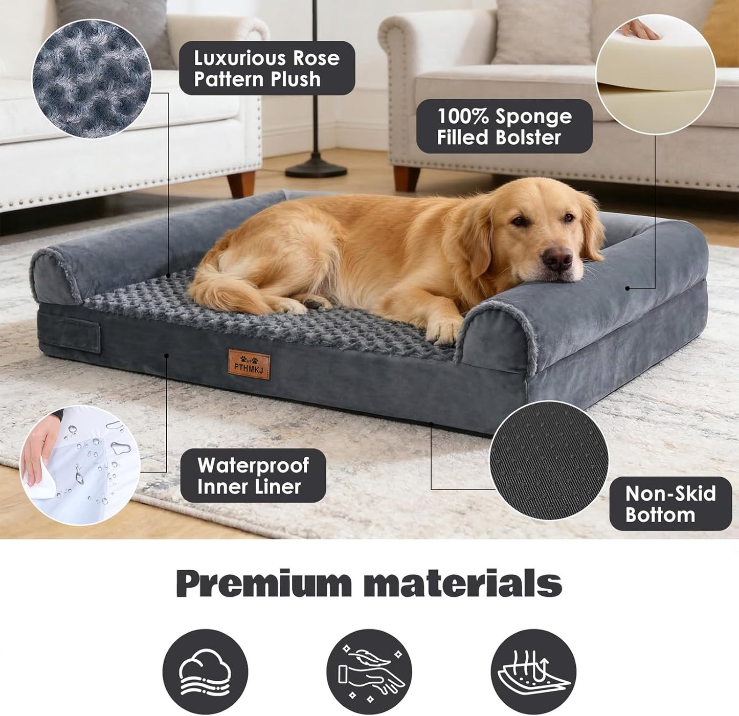 2 Pcs 54 inch Large Dog Bed Orthopedic Dog Bed for Medium Large Dogs Washable Rose Velvet Cover Waterproof Lining Composable Human Dog Bed (Dark Grey)
