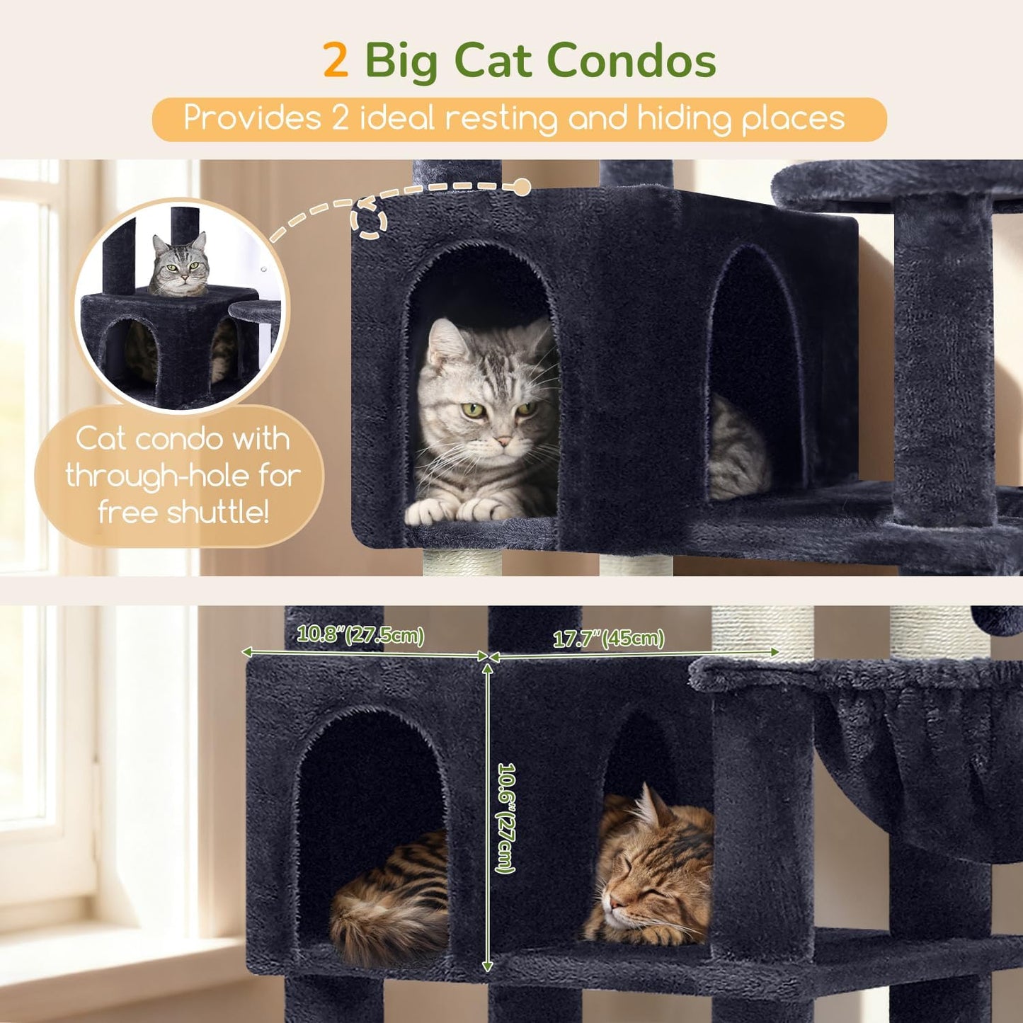 Globlazer Extra Large Cat Tree Tower, 82in Tall Heavy Duty Cat Tree for Indoor Cats Large Adult Big Cat Tower with 8 Scratching Posts, 2 Cat Condos, 2 Padded Perches, 3 Hanging Baskets, S82, Dark Gray