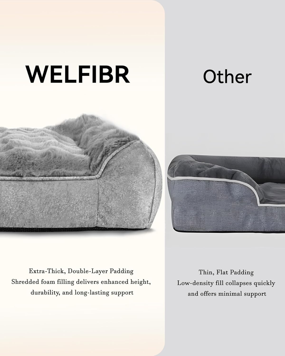 48“ Dog Bed with Shredded Foam Filling, Calming Pet Sofa with Removable Washable Cover, Soft Faux Fur Bolster Couch for Dogs, Anti-Slip Bottom