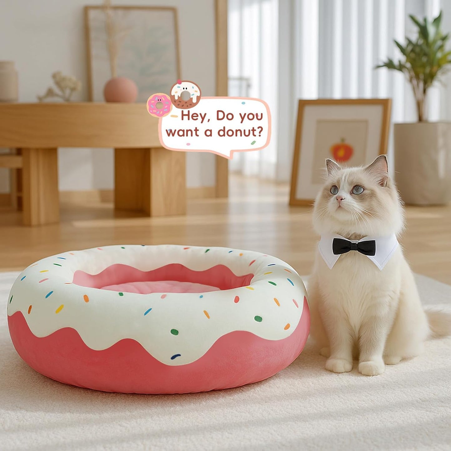 귀여운 고양이 침대 새끼 고양이 침대, 부드러운 소형견 침대, 강아지 및 고양이를 위한 세탁 가능한 반려동물 침대, 재미있는 도넛 모양, 61cm(24인치)