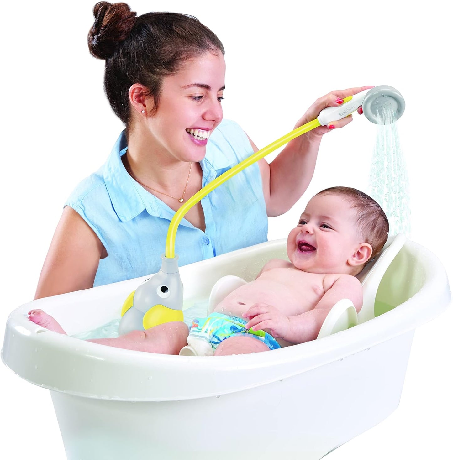 Yookidoo Baby Bath Shower Head - Elephant Water Pump and Trunk Spout Sprayer and Rinser-Control Water Flow from 2 Knobs Baby Bath Time Essentials for Newborn Babies in Tub Or Sink (Yellow)