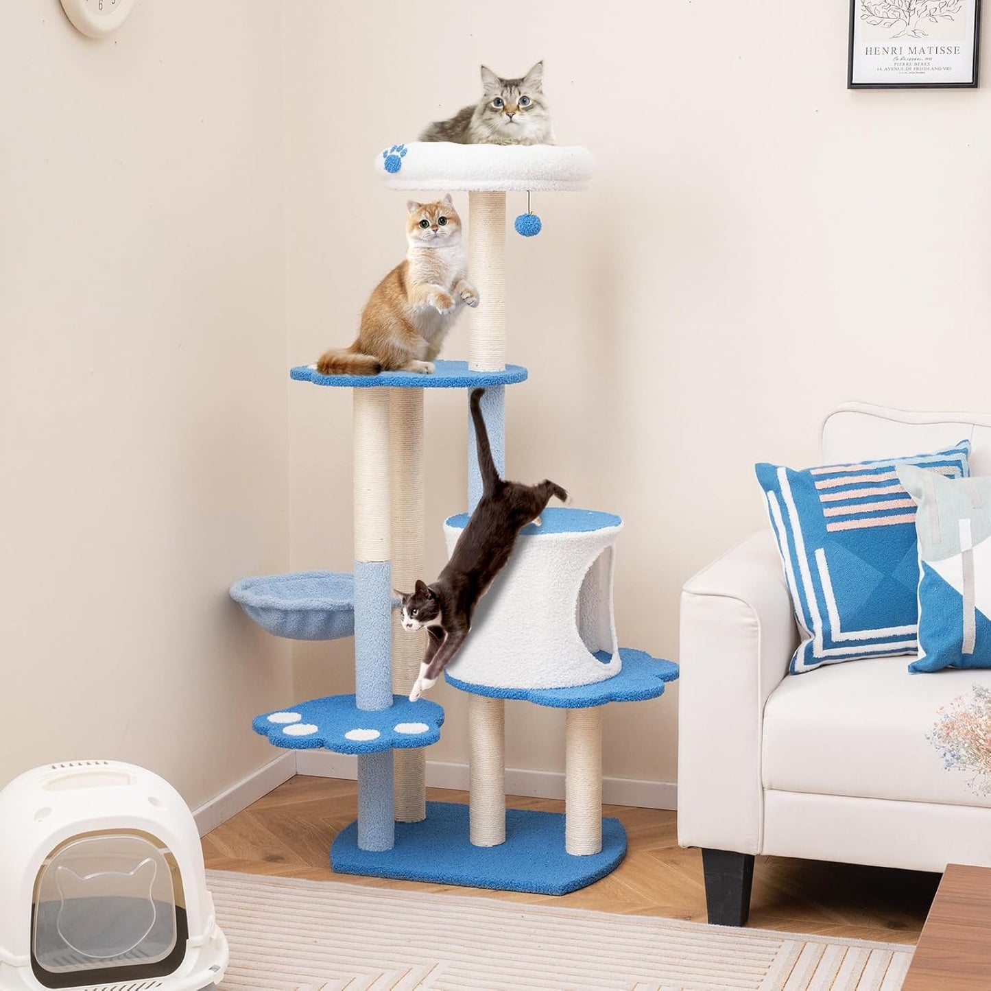 Tangkula Cat Tree Tower, 54 Inch Tall Cat Tree with Cat Condo, Hammock, Dangling Ball, Plush Fabric Top Perch, Cute Cat Tower with Sisal Scratching Post for Indoor Cats Large Adult