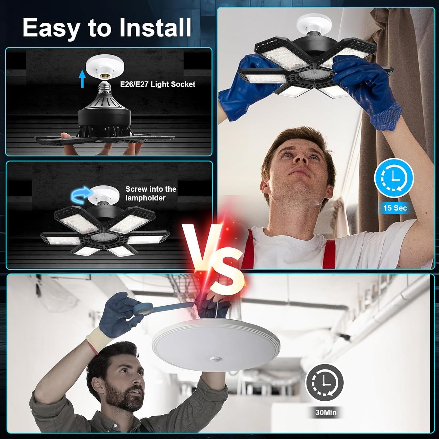 4 Pack Garage Lights, 28000LM Super Bright LED Shop Lights with 6+1 Deformable Panels, 6500K Garage Light Ceiling Led, E26 Socket Screw in Bulb for Warehouse, Workshop, Basement, Attic
