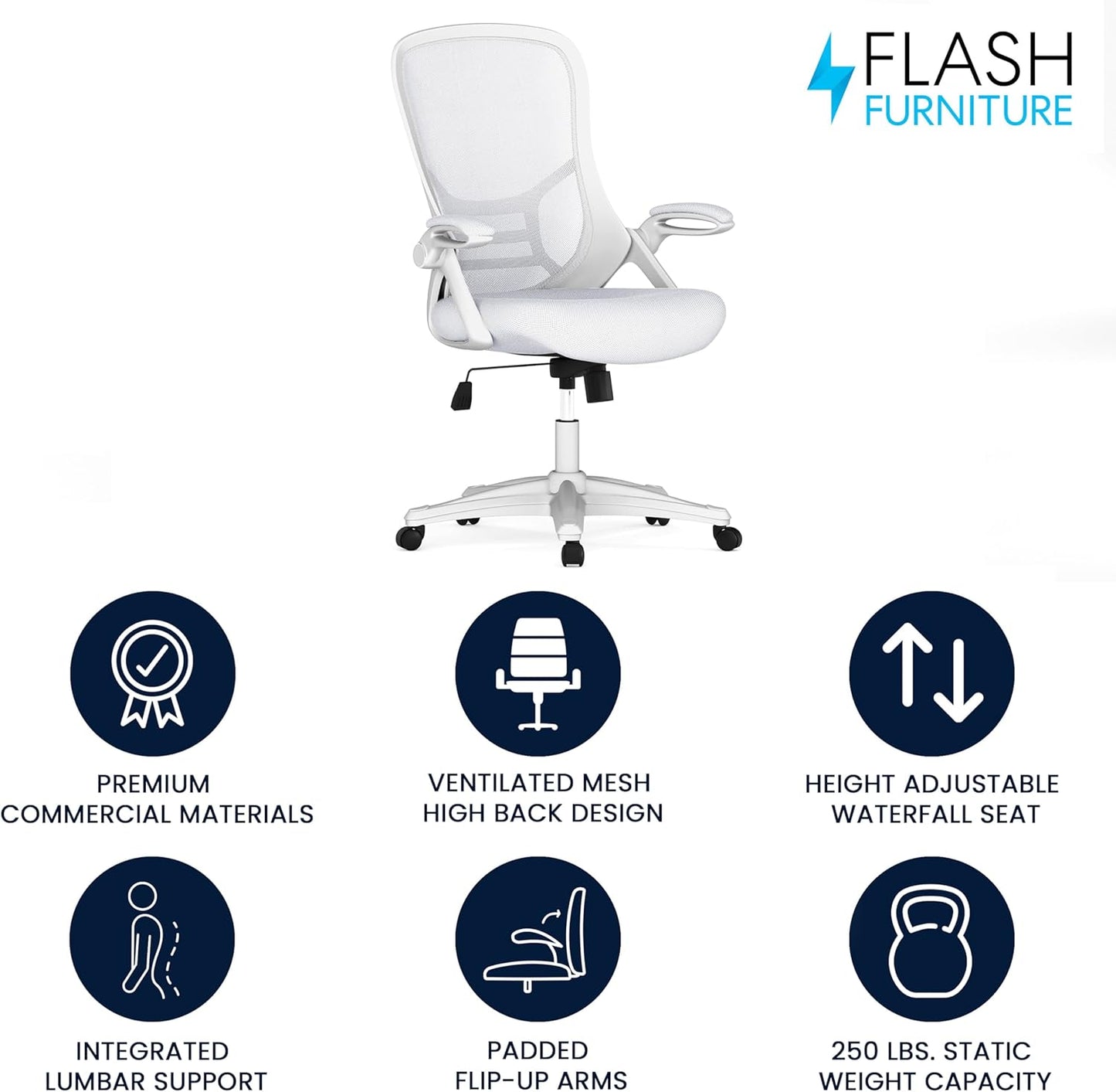 Flash Furniture Porter High-Back Swivel Office Chair with Adjustable Lumbar Support and Height, Ergonomic Mesh Desk Chair with Flip-Up Armrests, White