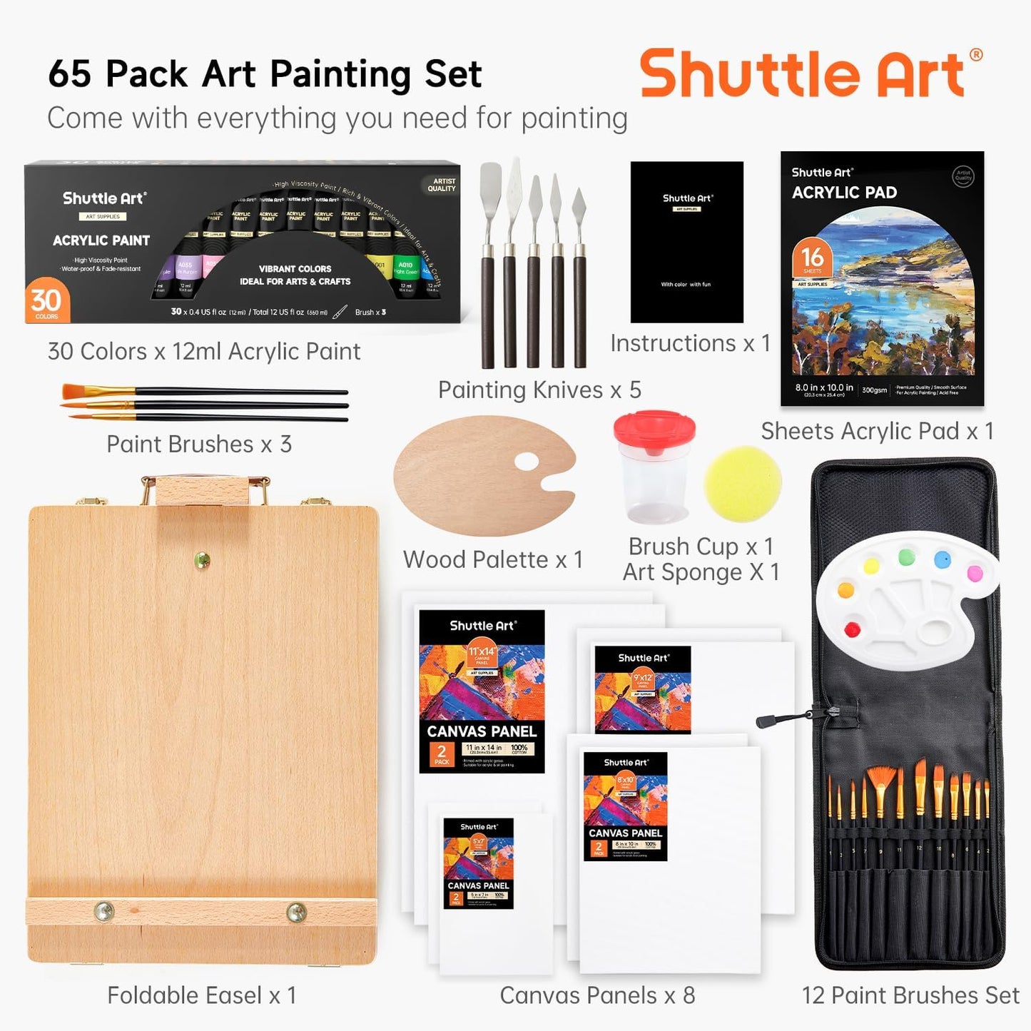65 Pack Acrylic Paint Set, Shuttle Art Acrylic Painting Set with Wooden Easel, 30 Colors Acrylic Paint, Painting Canvas, Paint Brushes, Palettes, Art Painting Supplies for Kids Adults Beginner Artists