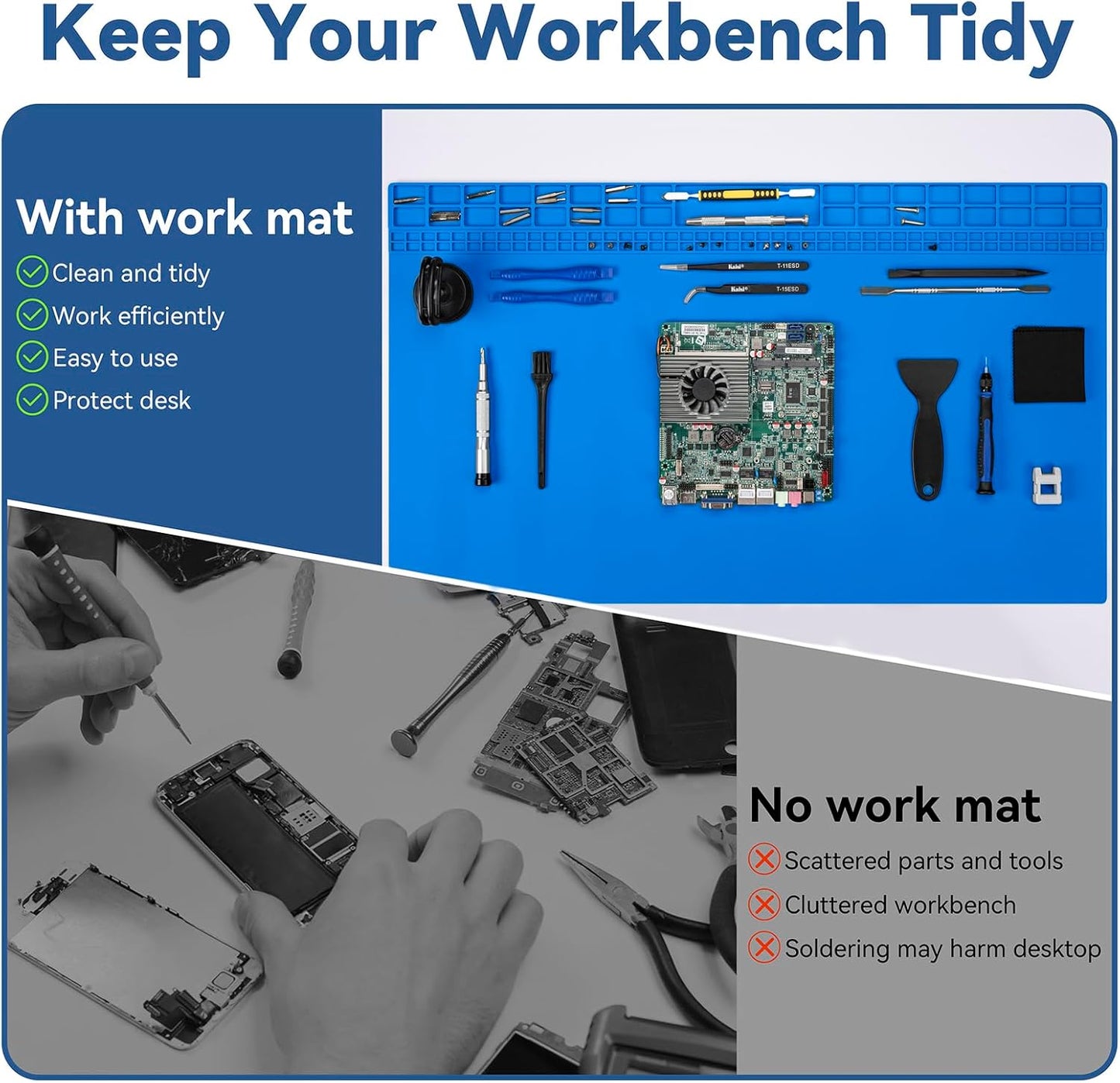 Kaisi Extra Large Soldering Mat, Oversized 932°F Heat Resistant Silicone Solder Mat, Large Repair Workbench Pad for Electronics Phone Watch Laptop Repair, BGA Soldering Iron (Blue,27.6''x15.7'')
