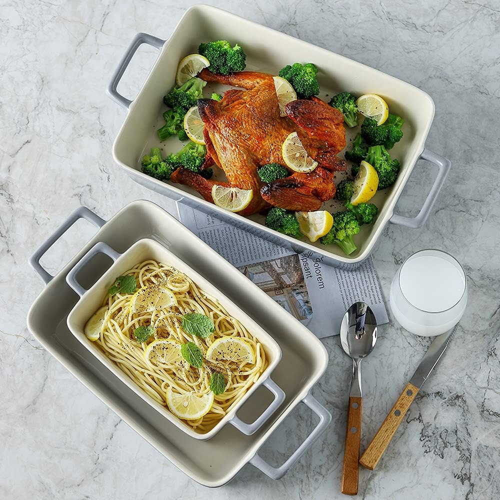 KOOV Bakeware Set, Ceramic Baking Dish, Rectangular Baking Pans for Cooking, Cake Dinner, Kitchen, Banquet and Daily Use, 12 x 8.5 Inches, 3-Piece (Gradient Gray)