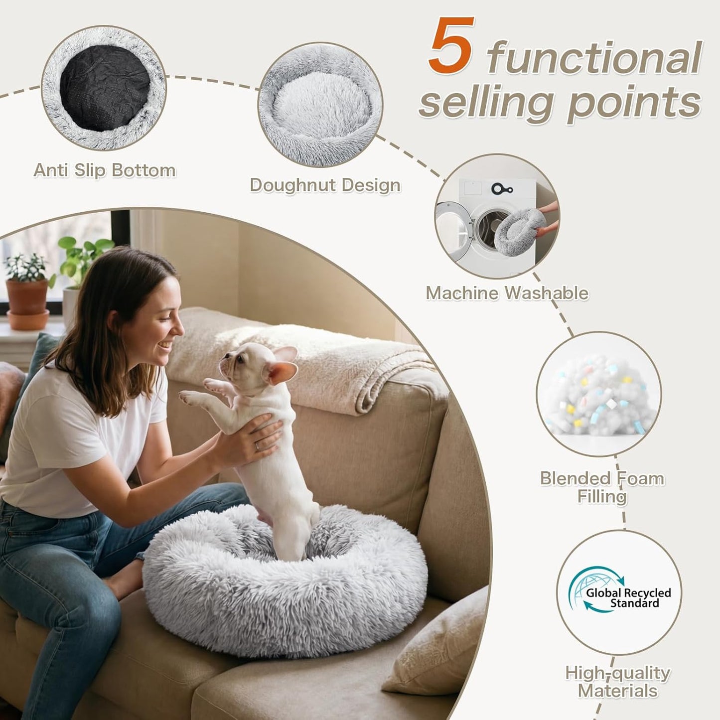 Calming Dog Bed, 20" x 20" x 6" Fits Cat & Dog, Anti-Slip Round Washable Faux Fur for Doze Off, Napping Orthopedic, Grey