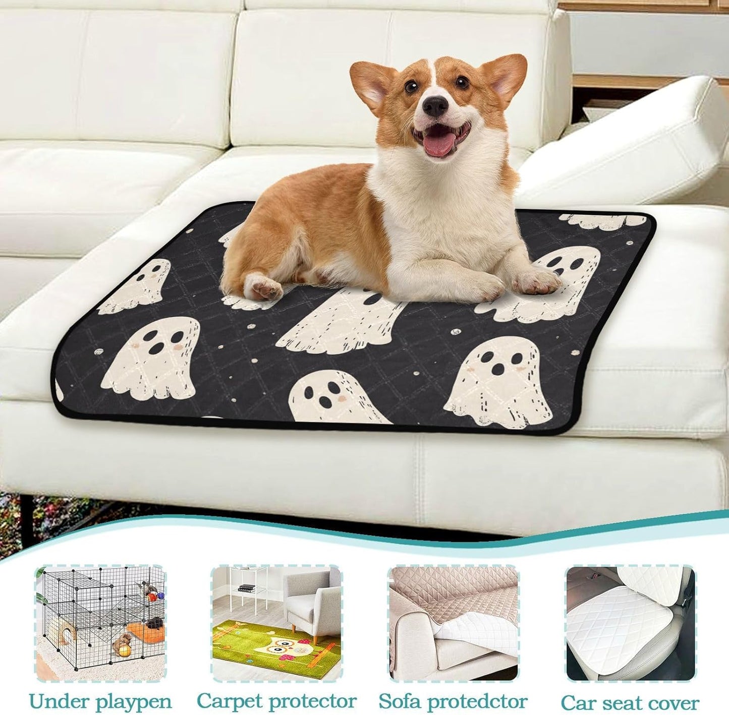 Cute Halloween Ghost Blacck Washable Pee Pads for Dogs Reusable Puppy Pad Super Absorbent Non Slip Lightweight Protect Pet Pads Couch Playpen Housebreaking 2Pack Medium and Large