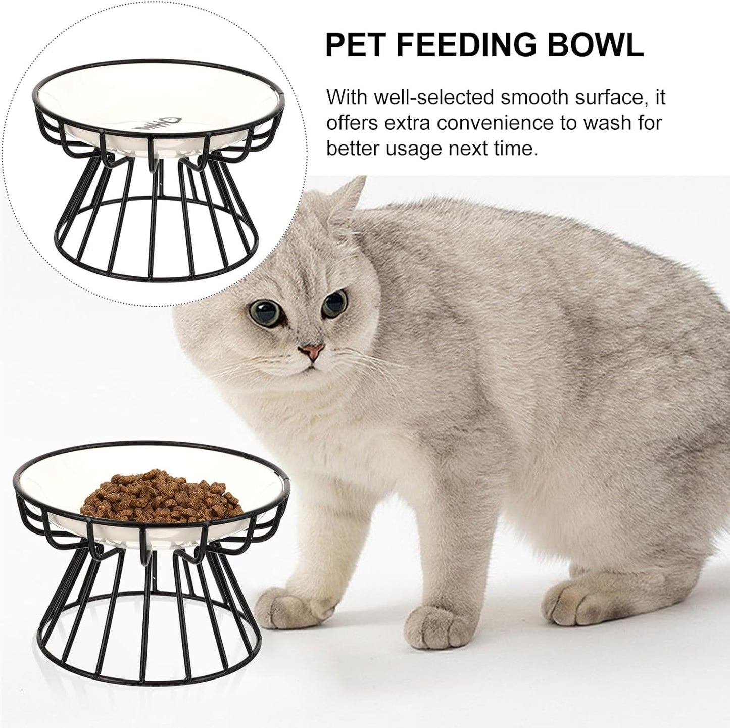 FAVOMOTO Ceramic Elevated Cat Food Bowl with High Base and Black Iron Stand, Whisker-Friendly Raised Pet Feeder for Cats and Kittens, Anti-tip Non-Slip Design for Indoor Feeding