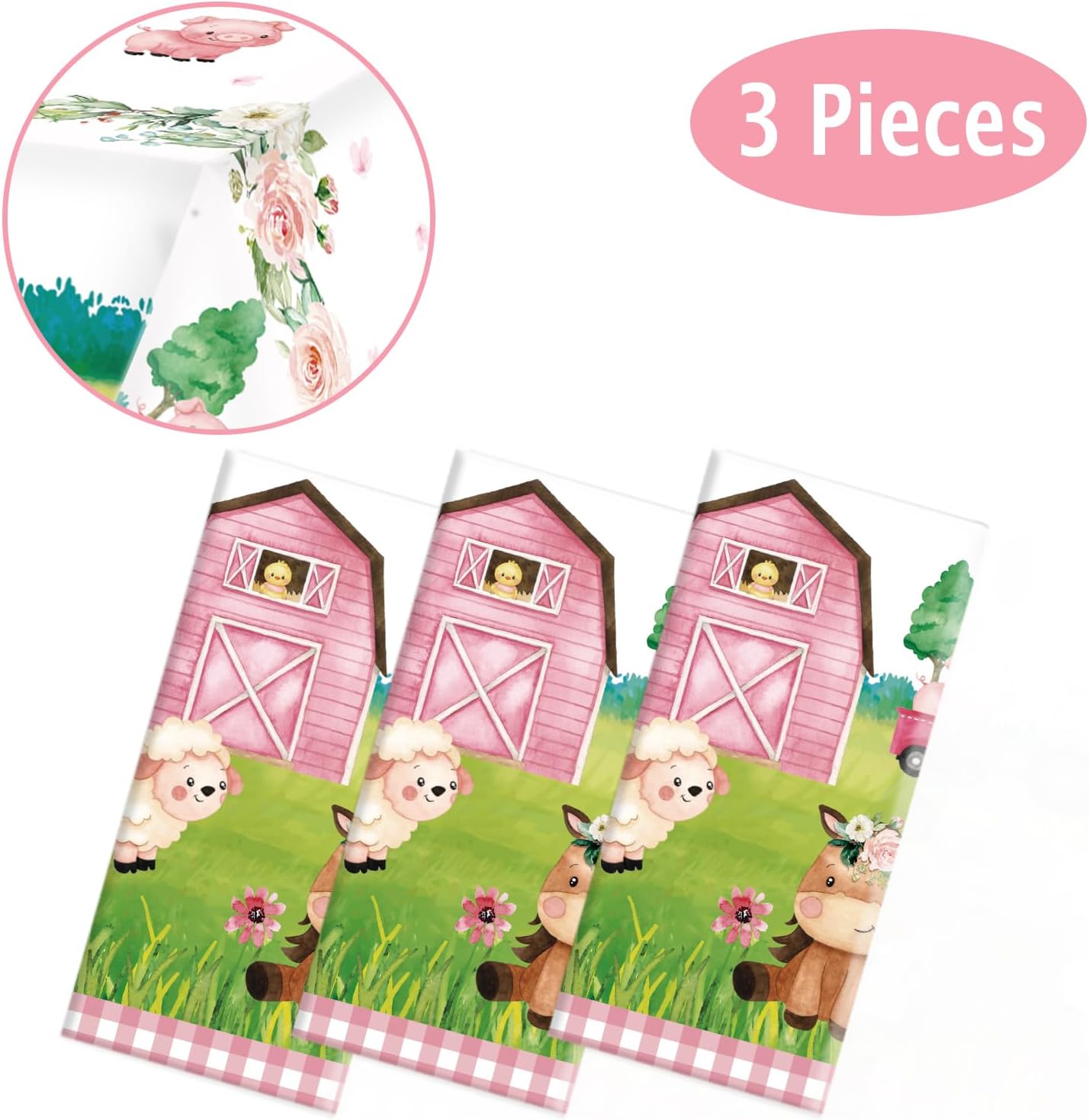 Oigco 3Pcs Farm Animal Birthday Party Tablecloth Disposable Farm House Barnyard Theme Party Supplies Covers for Girls' Birthday Decorations, 54 x 108 Inches