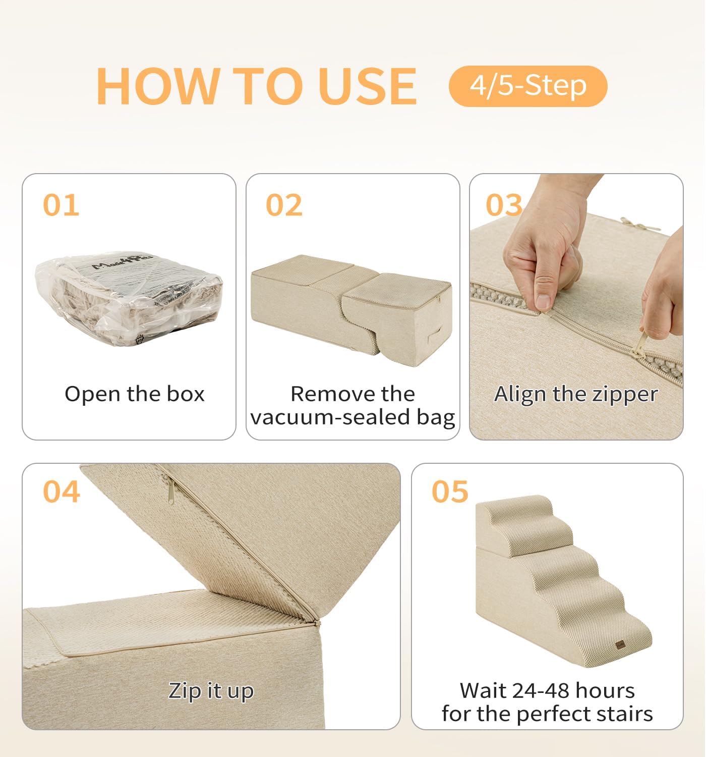 Made4Pets Dog Stairs Ramp for High Bed 22.8" H, 5-Step Pet Stairs for Bed Couch Sofa Climbing, 35D Foam Pet Steps for Small Dogs and Cats, Non-Slip Bottom Dog Steps, Beige