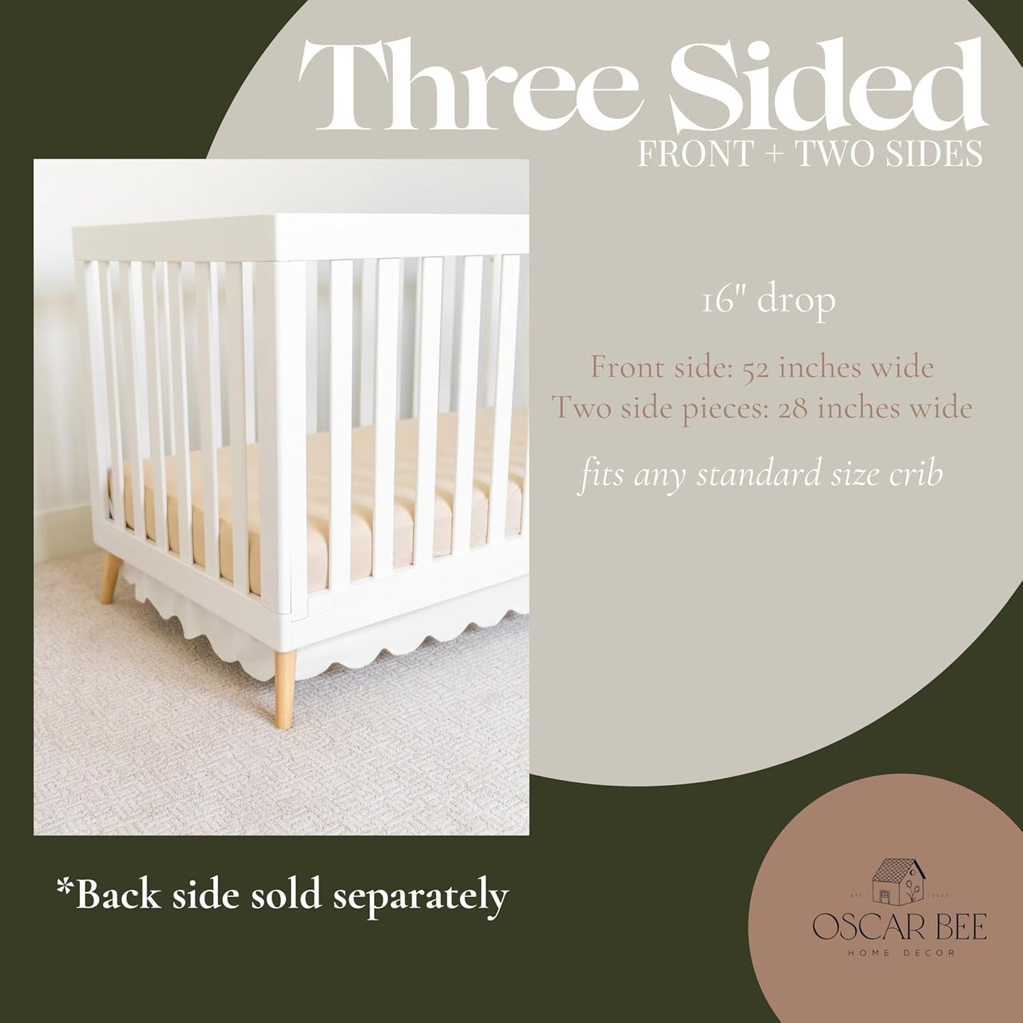 White Scalloped Crib Skirt Ruffle (Front/Two Sides) Adjustable Linen Cotton Blend, Neutral Baby Bedding for Boys and Girls, Elegant Nursery Decor Skirt