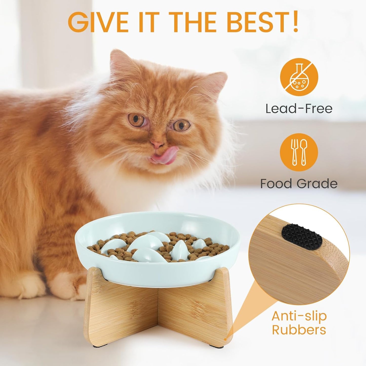 PETTOM Slow Feeder Cat Bowl with Stand, Ceramic Slow Eating Cat Bowl with Higher Edges Fish Pool Design Elevated Food Bowls for Dry and Wet Food Anti-Vomiting Puzzle Feeder for Healthy Eating Diet
