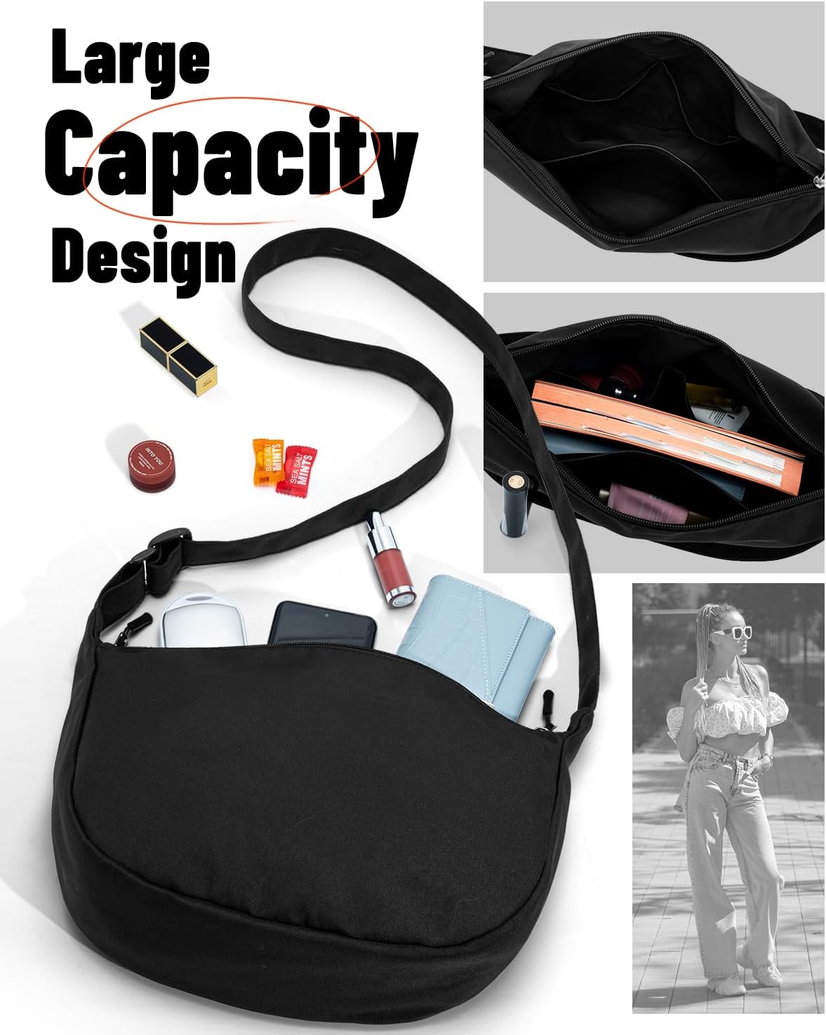 Crossbody Sling Bag for Women Men Trendy, Crescent Bag with Adjustable Strap, 2 Zippers Lightweight