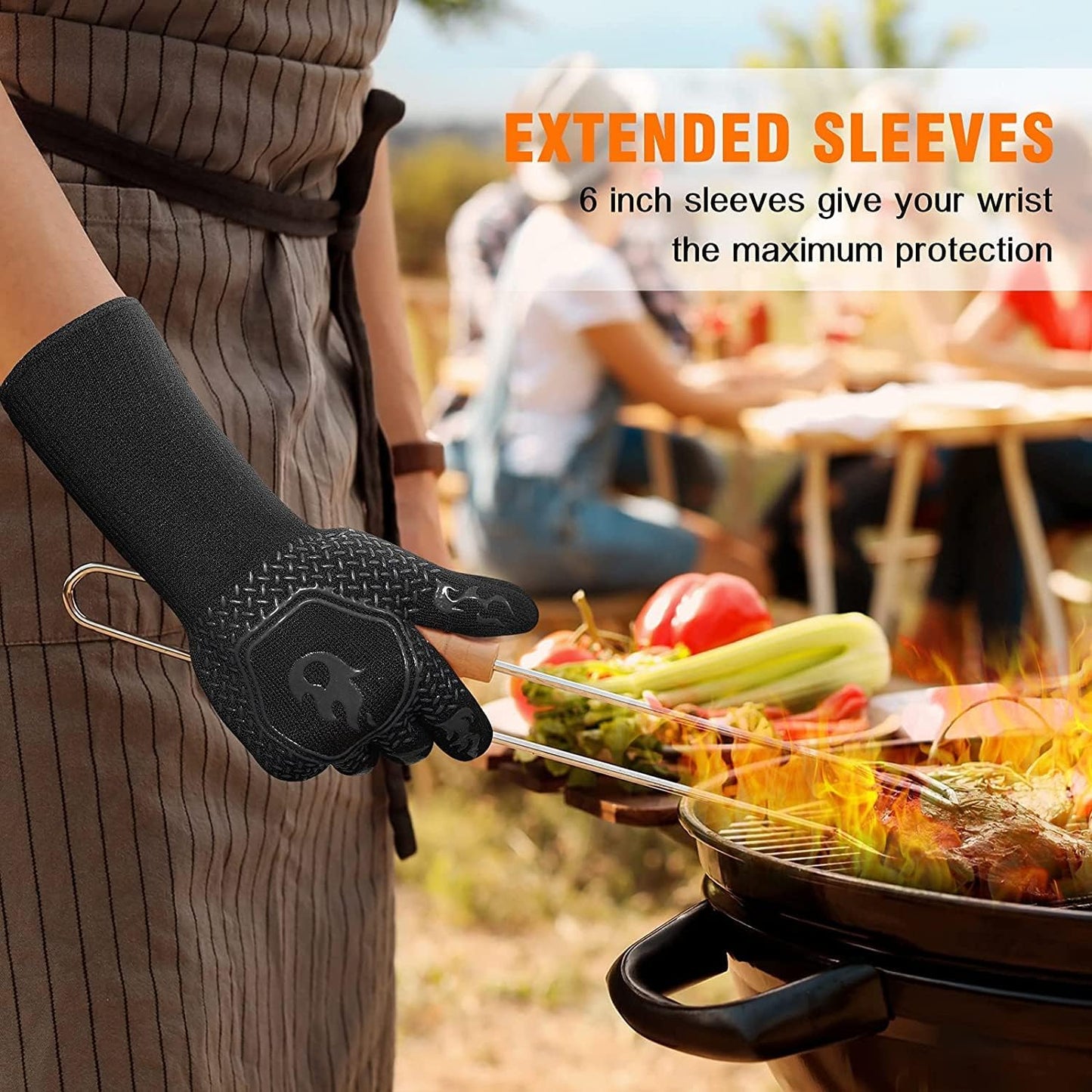 HAMITOR BBQ Grill Gloves : 1472℉ High Temp Resistance Fireproof Glove for Grilling Barbecue - Washable Long Oven Mitts Extreme Hot Proof Mittens for Kitchen Cooking Baking