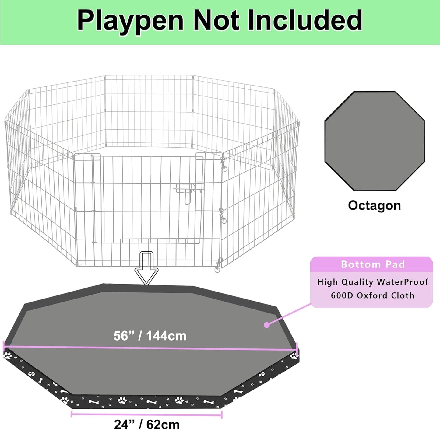 Dog Playpen Bottom Pad for 24" Metal Octagon 8-Panel Pet Pen | Waterproof Reusable Dog Training Mat | Design with Elastic Buckle Connections (Note: Playpen Not Included) (Black)