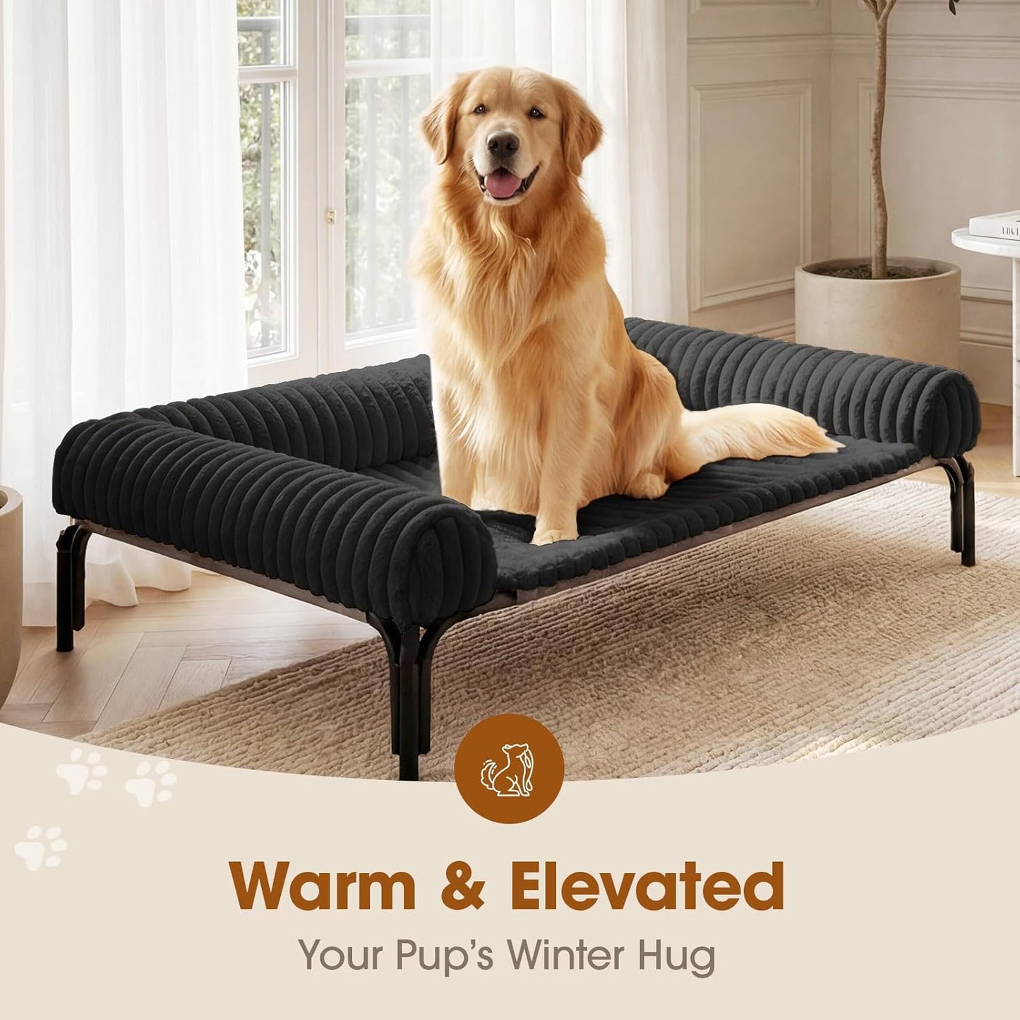 Elevated Dog Bed with Removable Bolster Cushion Mat, Raised Pet Cot for Large Sized Dogs with Breathable & Washable Mesh, Indoor & Outdoor Pet Hammock with Skid-Resistant Feet.