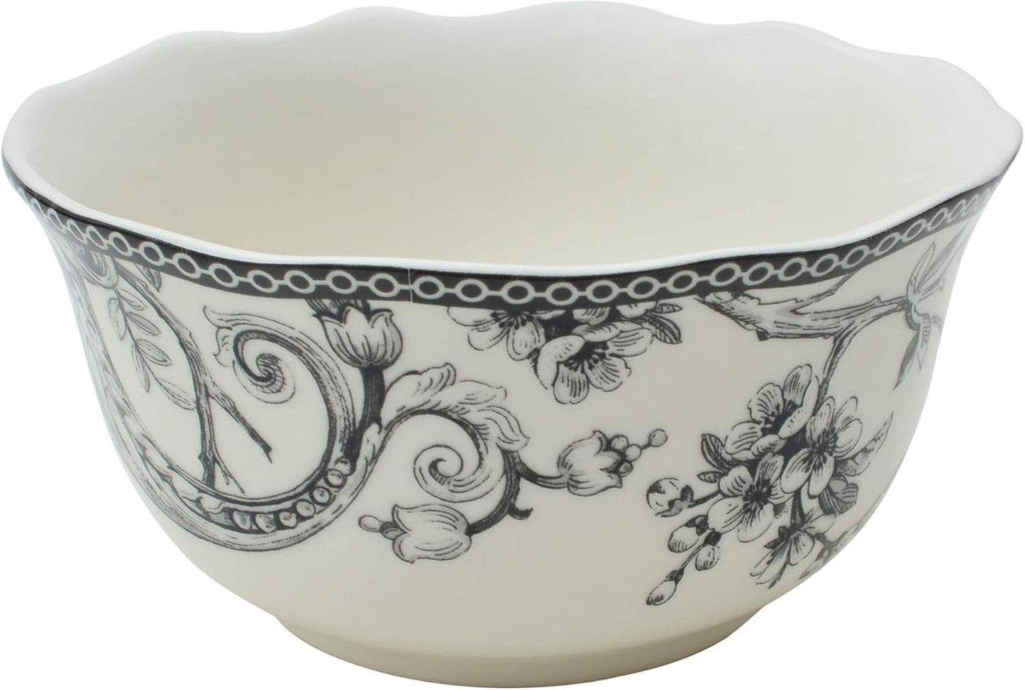 222 Fifth Adelaide 16-Piece Black Porcelain Dinnerware Set – Service for 4, Featuring Hand-Applied Romantic Woodland Bird Design, Everyday Big Dinner Plates and Bowls Sets, Microwave & Dishwasher Safe