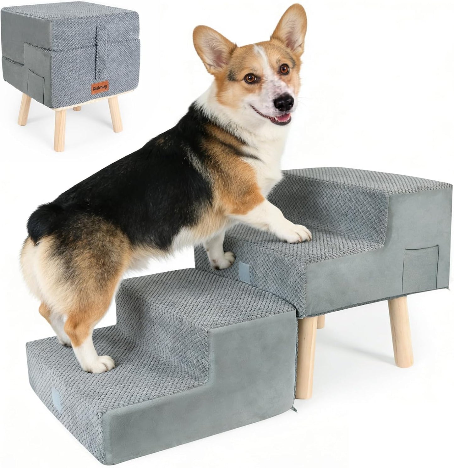 4-Step Dog Stairs for Small Dogs and Cats, 2-in-1 Foldable Wooden Dog Ramp for Couch Bed Sofa with Non-Slip Mat & Side Pockets, Split Ottoman Design, Grey