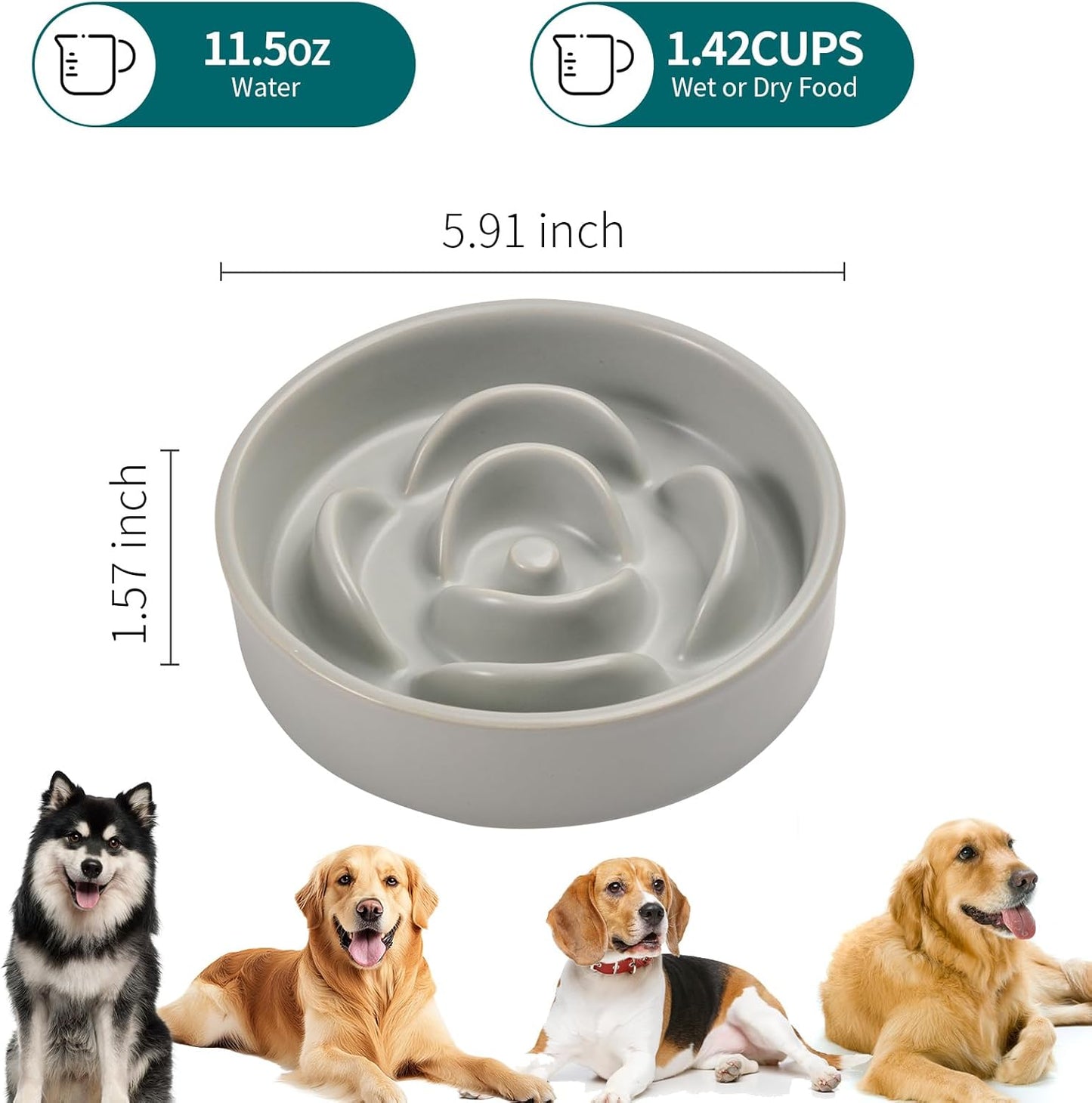 Grey Ceramic Slow Feeder Dog Bowl for Small and Medium Breeds,6.1 in Slow Feeding Bowl,Puzzle Dog Food Bowl for Fast Eater,Maze Dish for Fast Eater