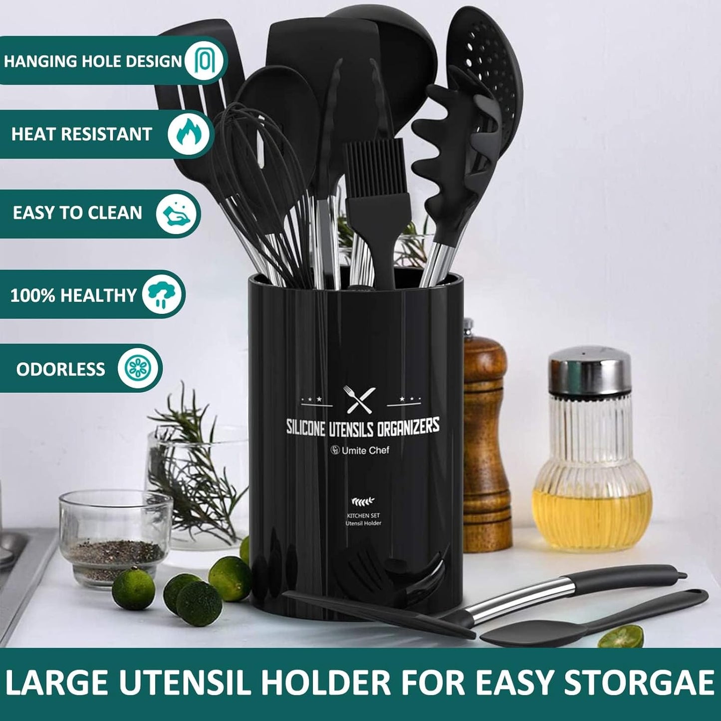 Silicone Cooking Utensil Set, Umite Chef 15pcs Silicone Cooking Kitchen Utensils Set, Non-stick - Best Kitchen Cookware with Stainless Steel Handle - Black Kitchen Utensils