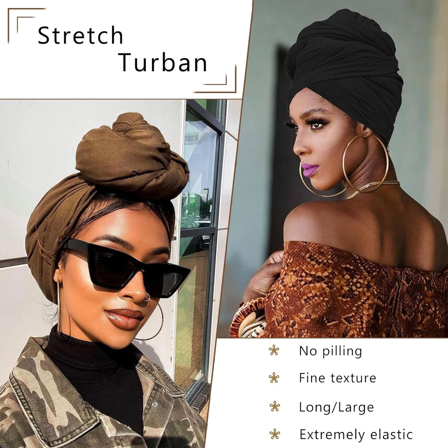 COOKOO 2 Piece Long Solid Color Stretch Head Wrap African Women's Jersey Turban Fashion Head Scarf Ultra Soft Extra Long Headwraps Lightweight Breathable Head Bands Ties for Women(Black+Army Green)