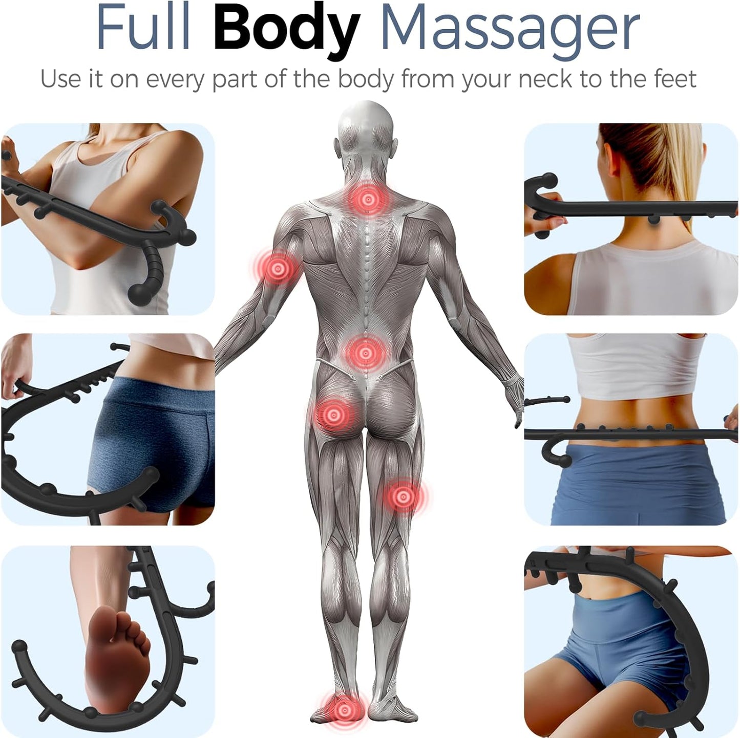 Back and Neck Massager for Pain Relief Deep Tissue, Upgraded Full Body Trigger Point Cane Massage Tools, Therapy Massage Stick Pressure Point Hook, Muscle Knot Remover Tool (Black)