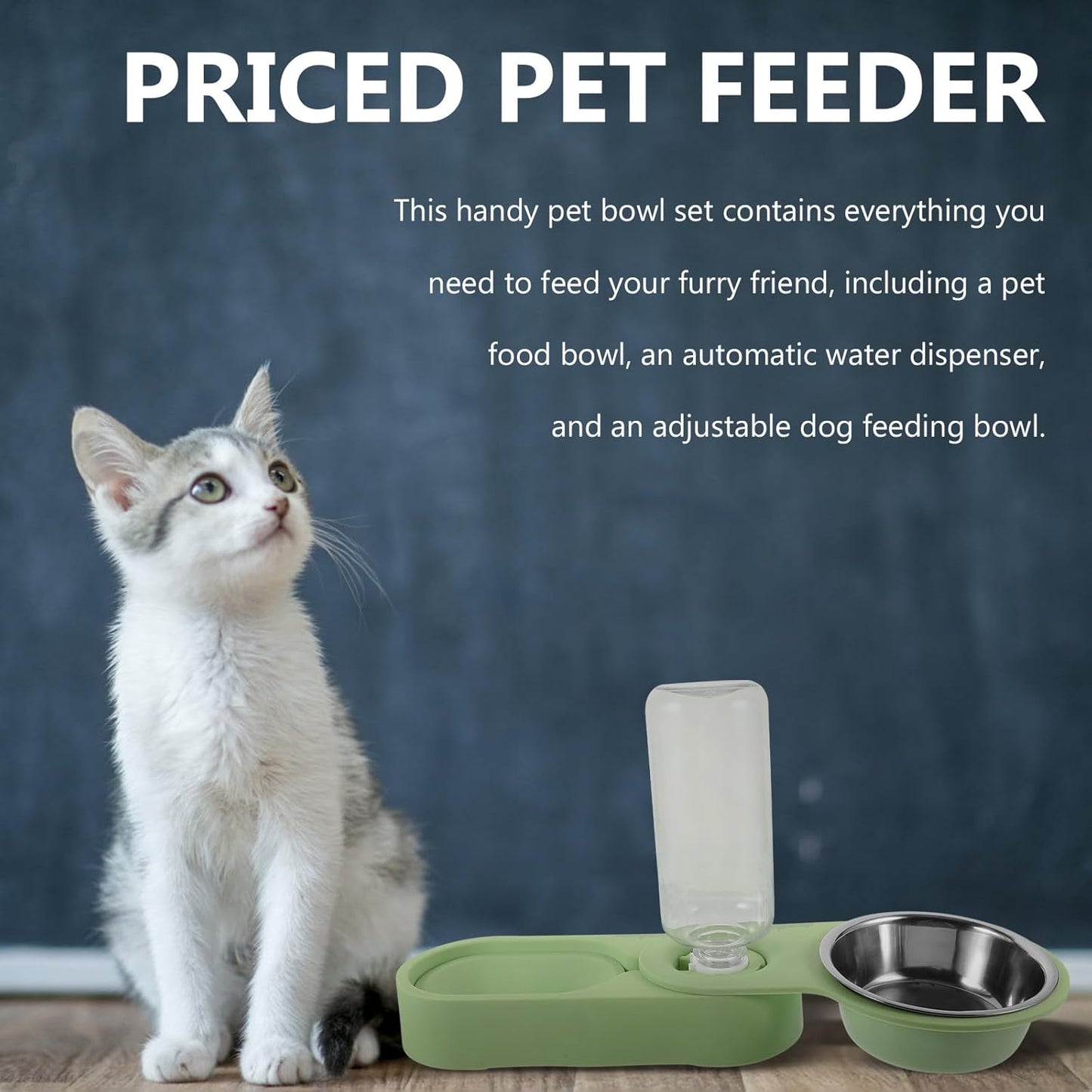 Milisten Stainless Steel Cat Food and Water Bowl Set, Dual Bowls Rotatable Corner Feeder with Foldable Stand, Green Pet Feeder for Small Cats and Animals