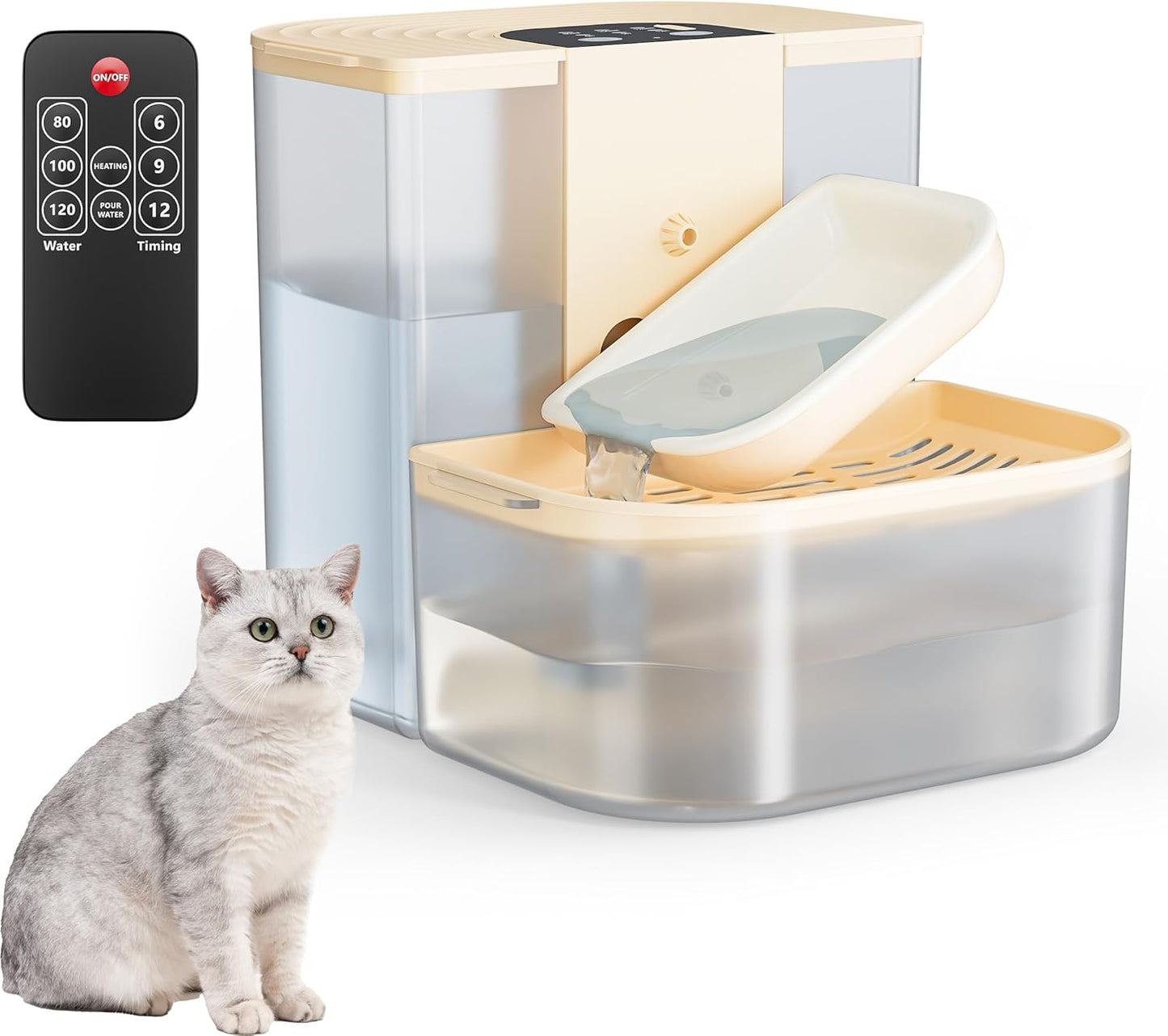 Cat Water Fountain, Filterless Automatic Cat Water Dispenser with Optional Heating, 4.5L Large Capacity, Remote Control, Timed Water Change, Quiet Pet Water Fountain with Visible Water Level for Cats