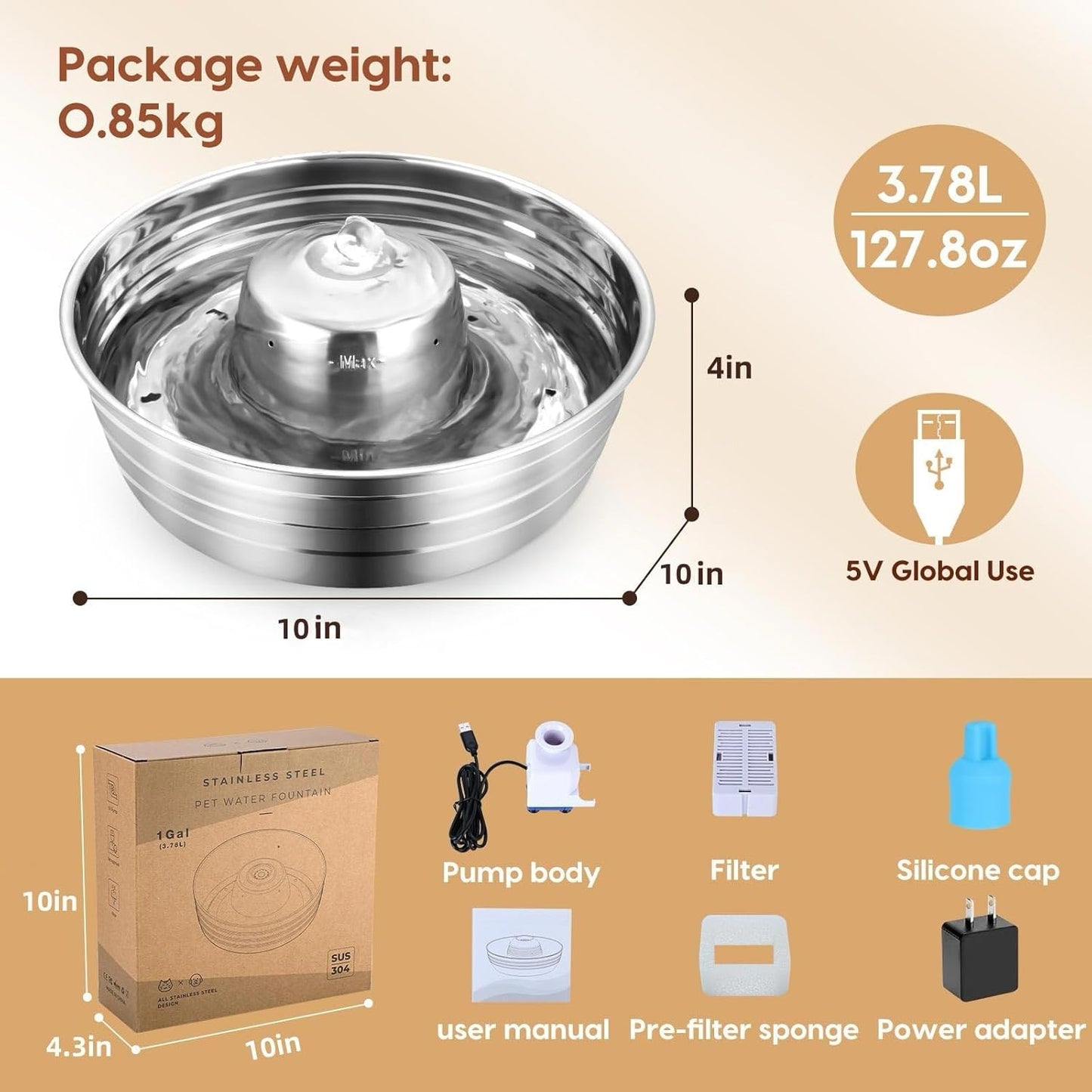Ofat Home Dog Water Fountain, 128oz/1Gal/3.78L Stainless Steel Pet Water Fountain, Large Dog Water Fountain, Easy to Assemble and Clean with Ultra-Quiet Pump for Cat, Dogs, Multiple Pets