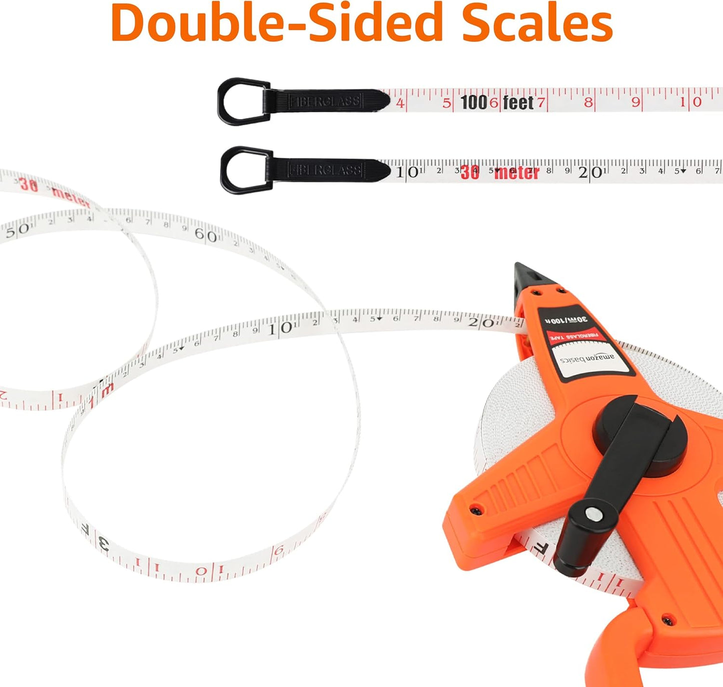 Amazon Basics Open Reel Fiberglass Measuring Tape, Inch/Metric Scale, Impact Resistant Shell, 100-feet (30-Meters) by 1/2-Inch, Orange