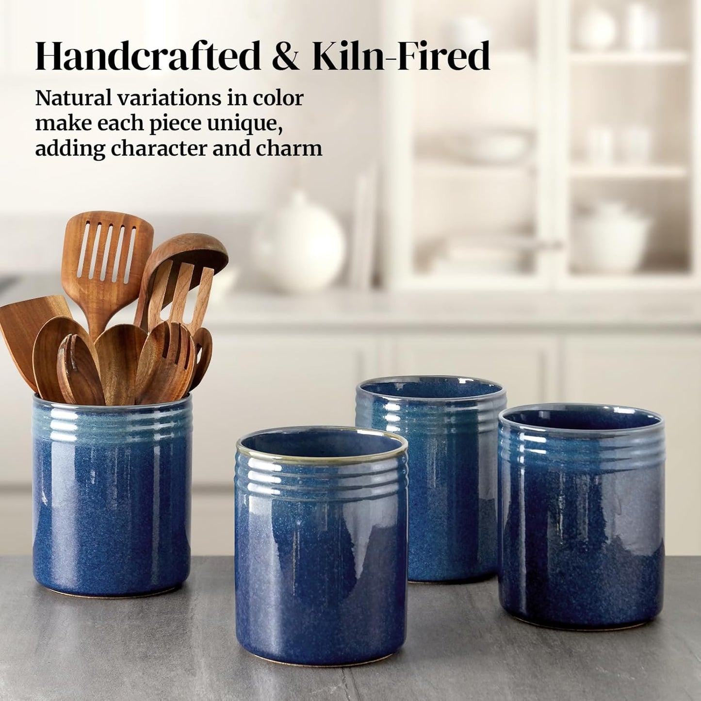 DOWAN 7.2" Kitchen Utensil Holder, Extra Large Farmhouse Utensil Holders for Countertop, Ceramic Utensil Crock, Anti Slip Cork Bottom