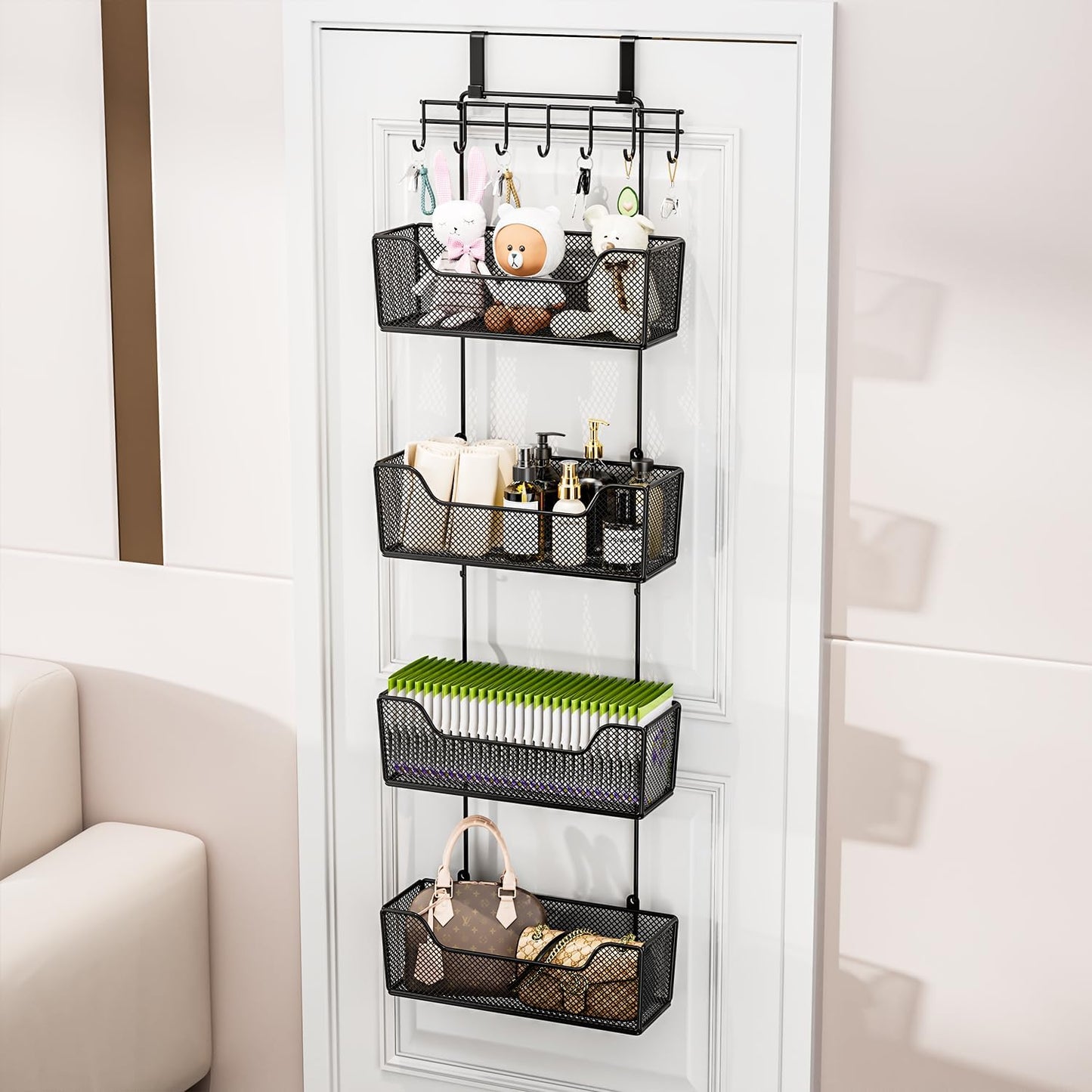 HapiRm Over The Door Organizer - Hanging Door Organizer with 4 Metal Large Capacity Baskets and Adjustable Coat Hook for Bathroom Bedroom Kitchen Pantry Closet Cabinet