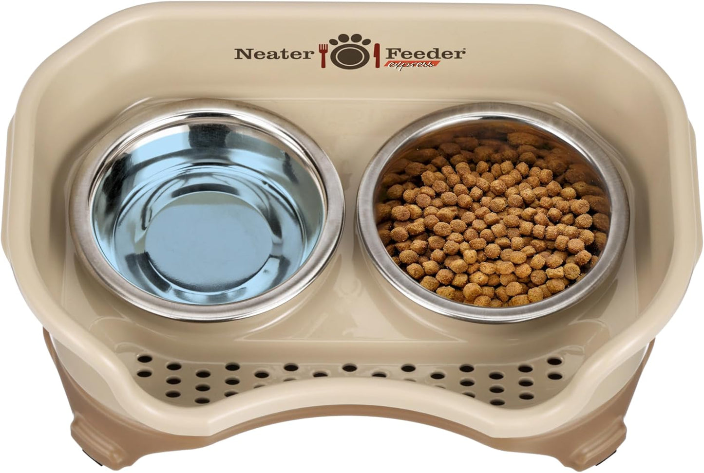 Neater Feeder Express Mess Proof Dog Bowls Elevated for Small Breeds under 15 Lb, Made in USA, No Spill Raised Dog Food Bowl Stand, Stainless Steel Food and Water Bowl Set, Feeding Station, Cappuccino