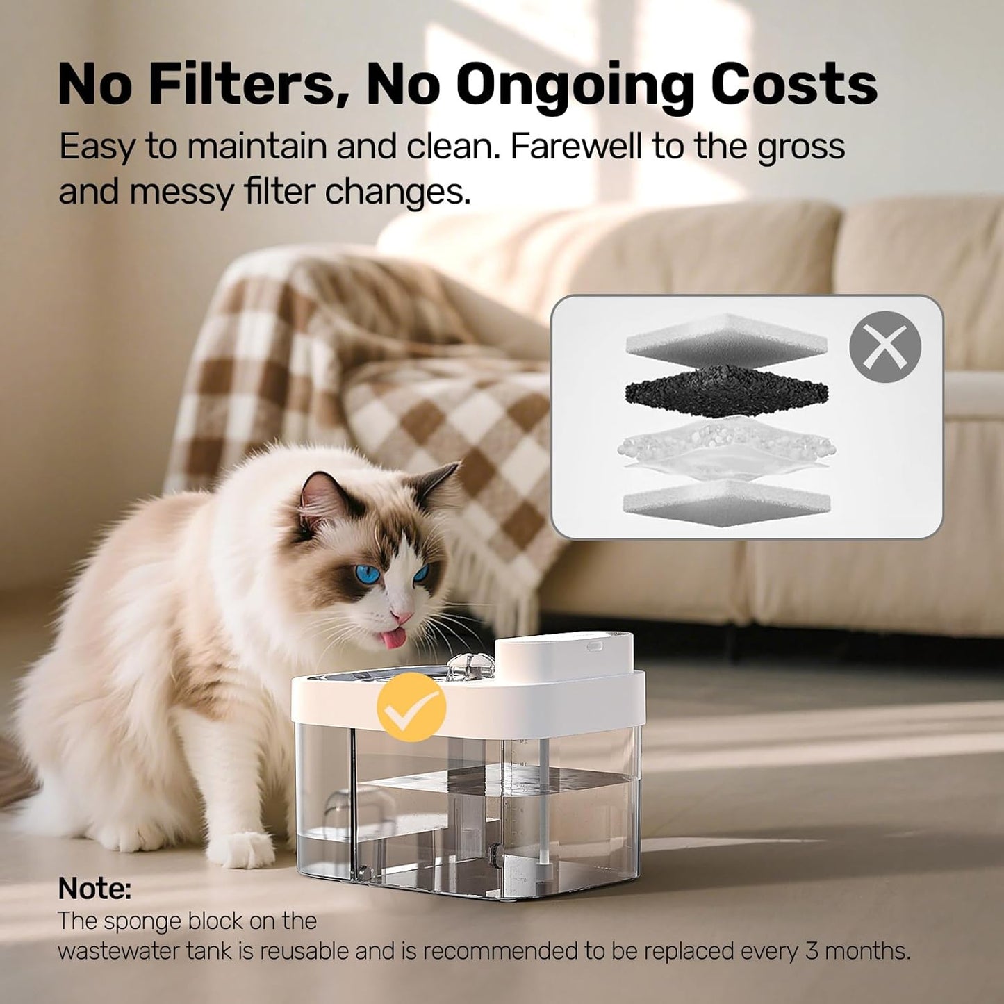 Cat Water Fountain, Wastewater Separation & No Filter Cotton, Pet Water Dispenser with 101oz/3L Large Capacity Tank, Wireless Automatic Water Fountains for Cats Indoor Cat Watering Supplies