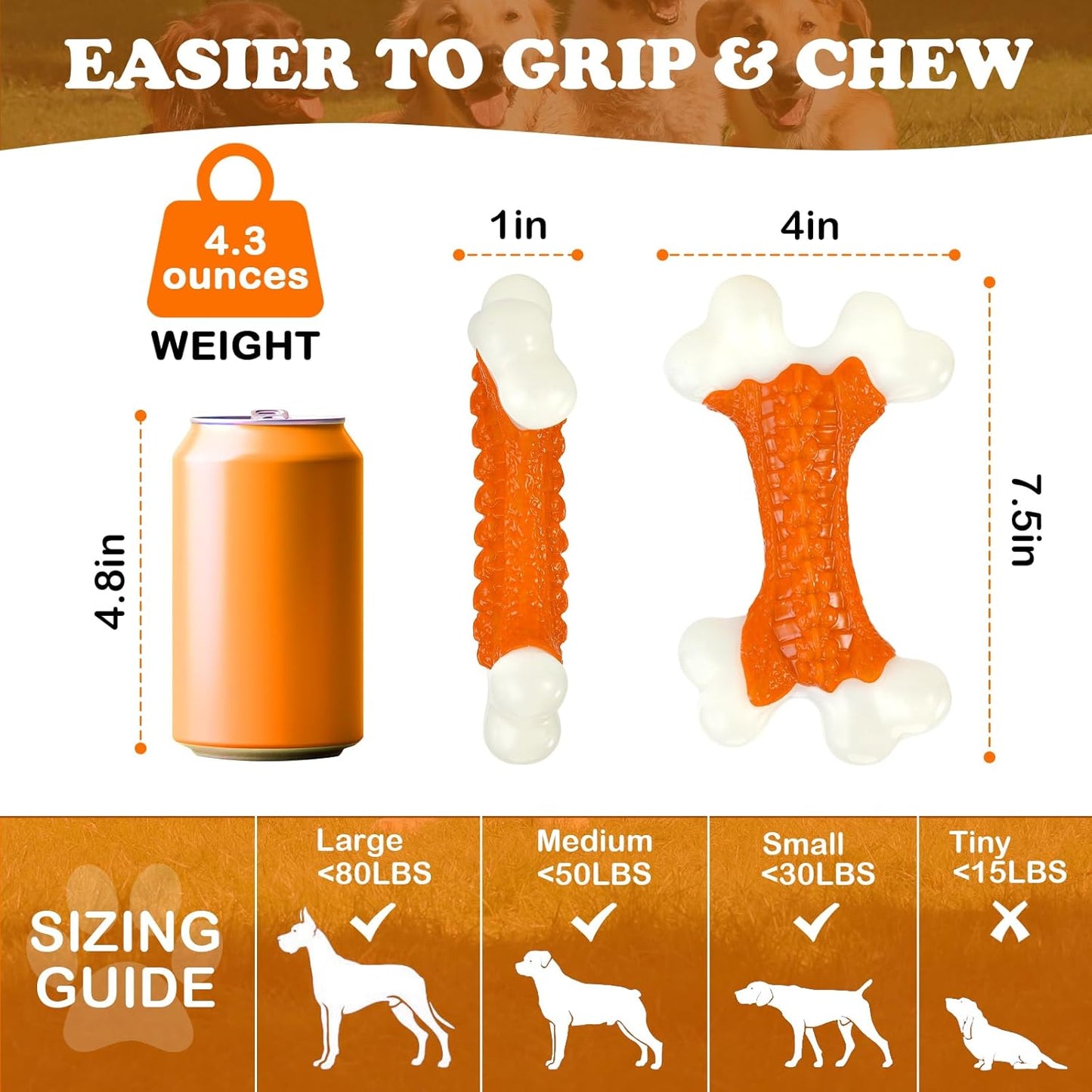 2-Pack Dog Toys for Aggressive Chewers, Indestructible 8" Tough Nylon Bone, Teething & Boredom Relief Chew for Large Dogs, Peanut Butter Flavor