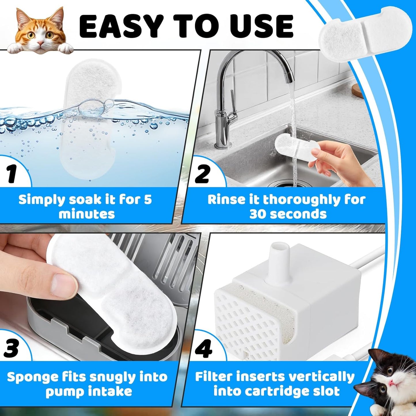 16+16 Pack Cat Water Fountain Filter Replacements Compatible with SEIRMEP 101oz/3L Stainless Steel Cat Water Fountain, Includes 16 Filters & 16 Pre-Filter Sponges