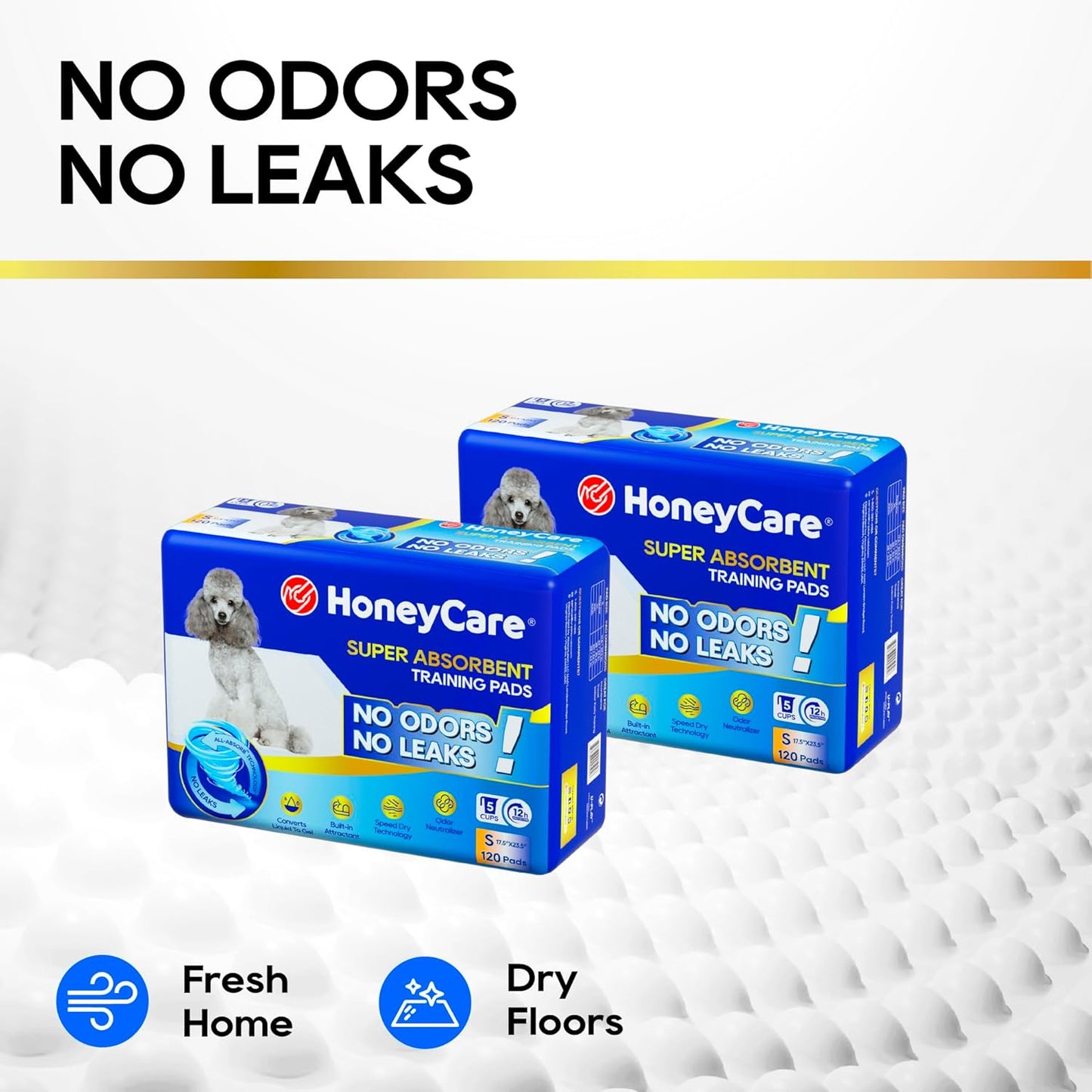 Honey Care All-Absorb, Small 17.5" x 23.5", 120 Count, Dog and Puppy Training Pads, Ultra Absorbent and Odor Eliminating, Leak-Proof 5-Layer Potty Training Pads with Quick-Dry Surface, Blue, A05