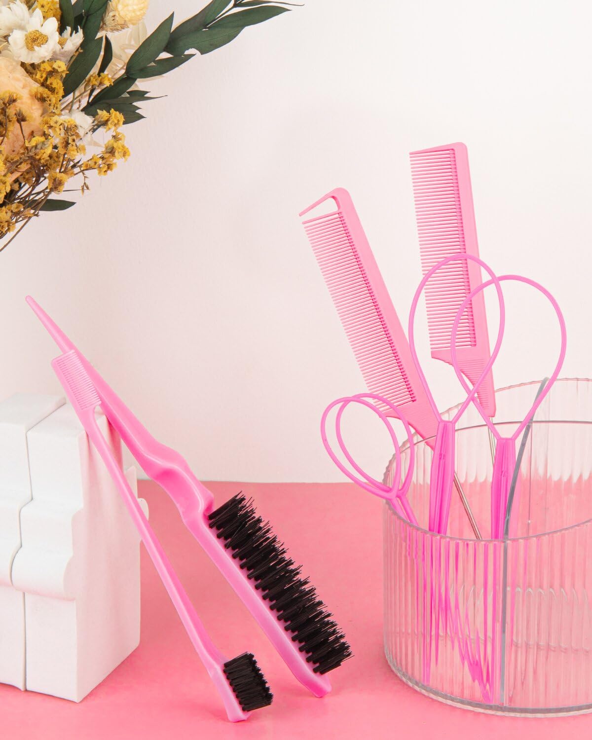 Aigee 8Pcs Hair Styling Combs Set Include 4Pcs Topsy Hair Tail Tools 2 Styles of Rat Tail Comb,1Pcs Bristle Teasing Slick Back hair Brush,1Pcs Edge Control Brush,Eyebrow Brush for Woman Girl Pink