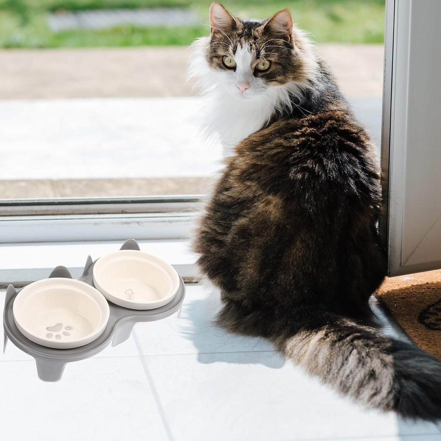 FAVOMOTO Ceramic Cat Feeding Bowl Set Elevated Tilted Double Bowls with Thick Gray Ceramic and Sturdy Stand for Whisker Relief Household Pet Feeding Supplies