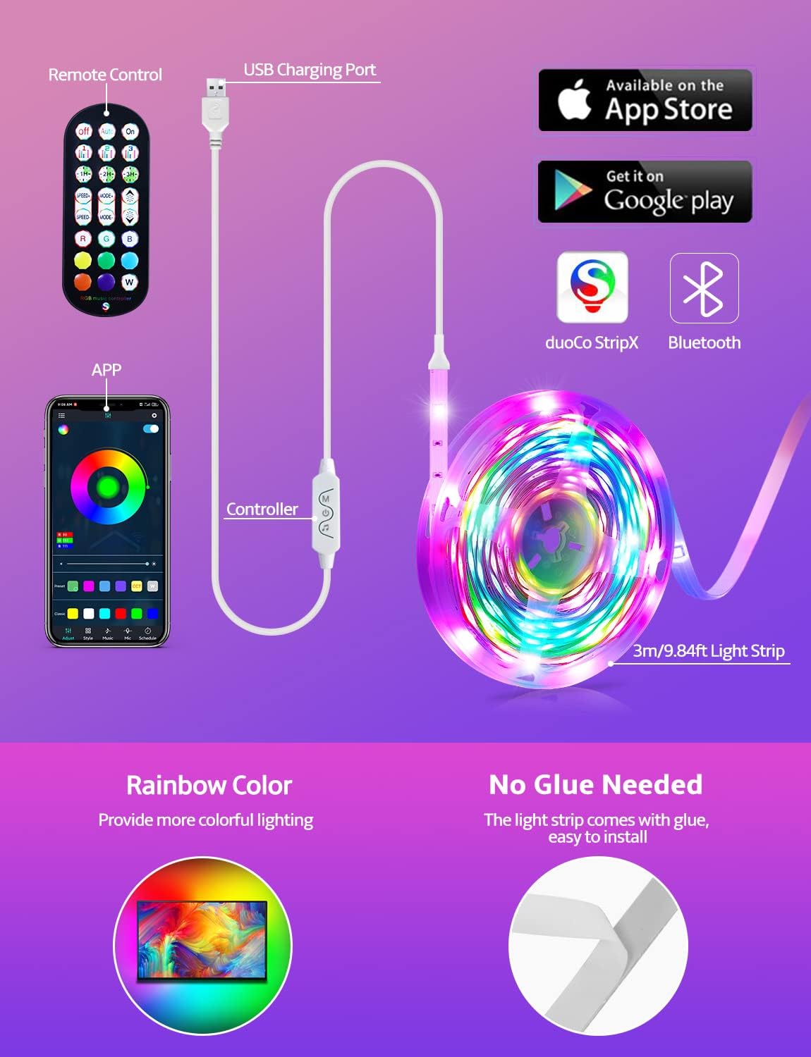 MATICOD LED Lights for TV Led Backlight, 9.84ft RGB Led Strip Lights for TV Lights Behind, USB Led Light Strip for 32-43in TV, Bluetooth APP Control Music Sync Strip Lighting for Christmas Decorations