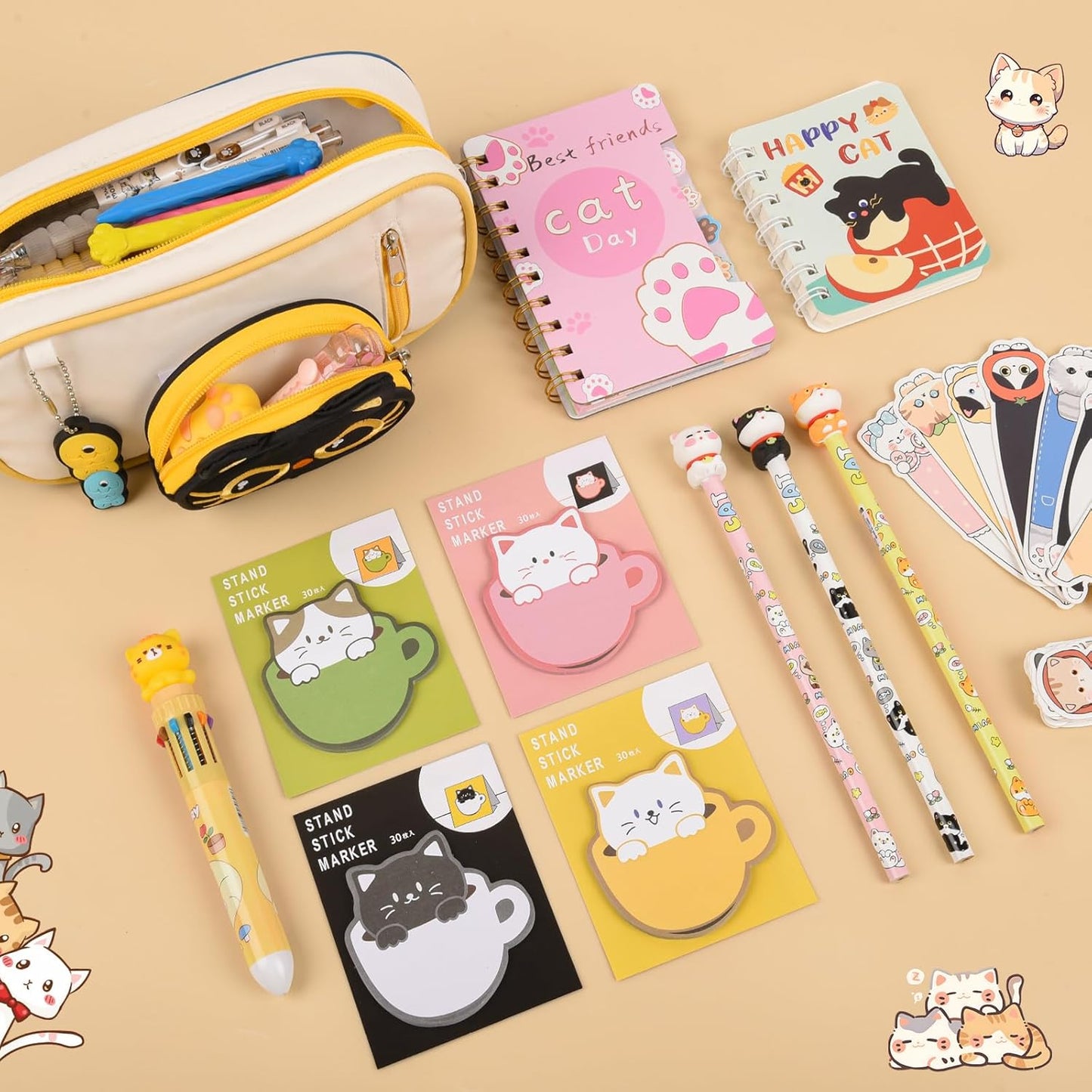 58 Pcs Cute Cartoon Cat Stationery Set Cat Lover Gifts Christmas Gifts for Boys Girls with Cat Ballpoint Pen, Gel Pens,for Birthday Gifts,School Office Classroom Supplies.