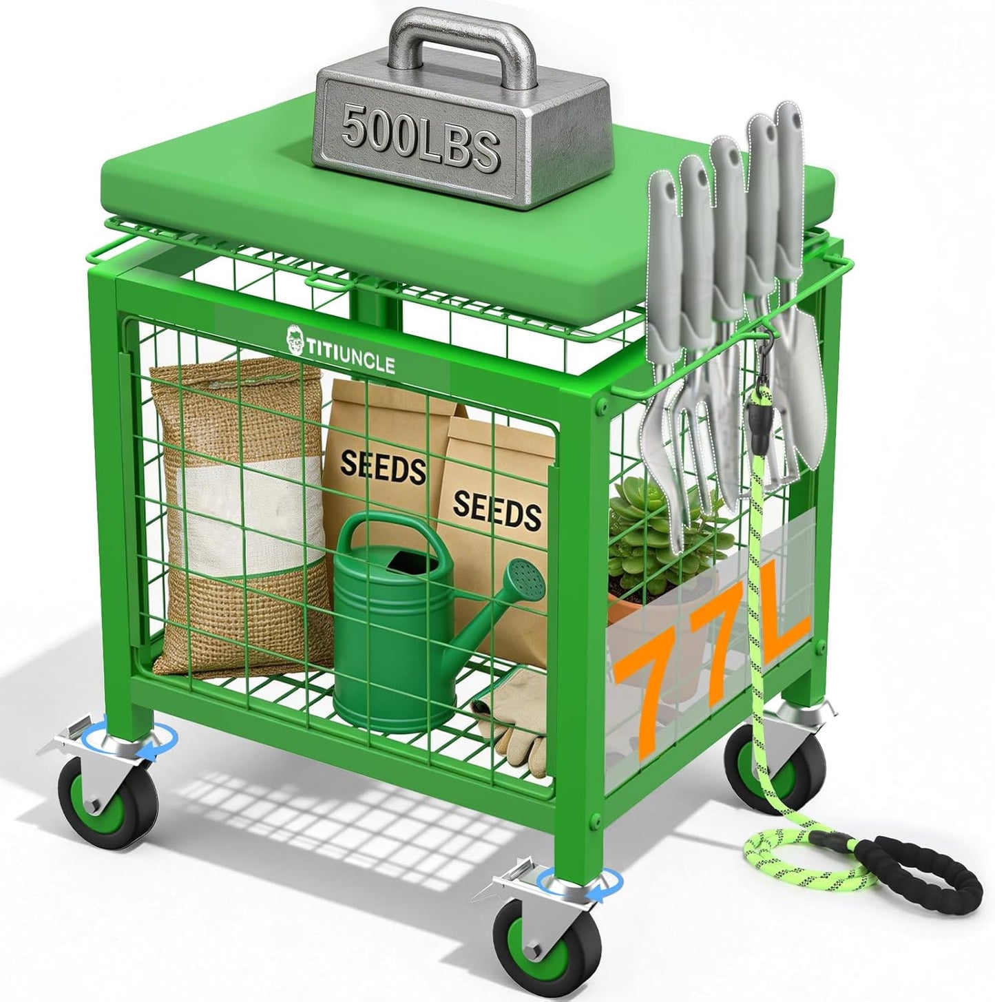 3 IN 1 Rolling Garden Cart with Kneeler and Seat on Wheels, Heavy Duty 500 Lbs Upgraded Garden Work Seat, Metal Garden Stools for Seniors, Multifunctional for Lawn/Patio/Backyard Outdoor Use