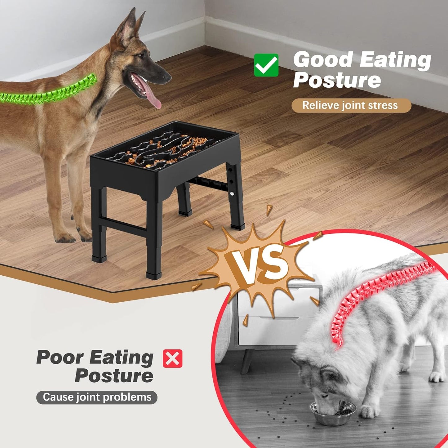 Elevated Slow Feeder Dog Bowls, 9 Cups Raised Dog Slow Feeder Bowls Large Breed with 4 Adjustable Heights Pet Food bowl Stand, Non Slip Anti Gulping sow eating dog bowl for Medium & Large Breed