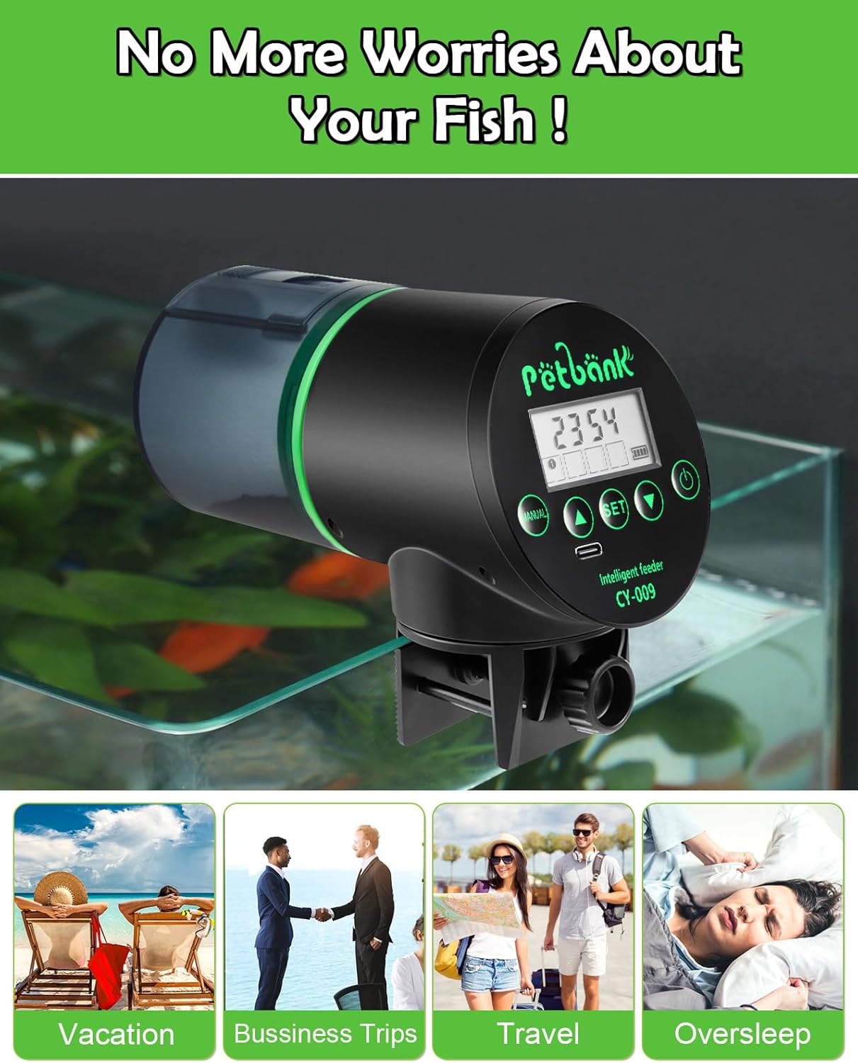Automatic Fish Feeder for Aquarium - Rechargeable Fish Food Auto Dispenser Vacation Turtle Feeder with USB Charger Cable，LCD Screen, Customized Schedule，Black