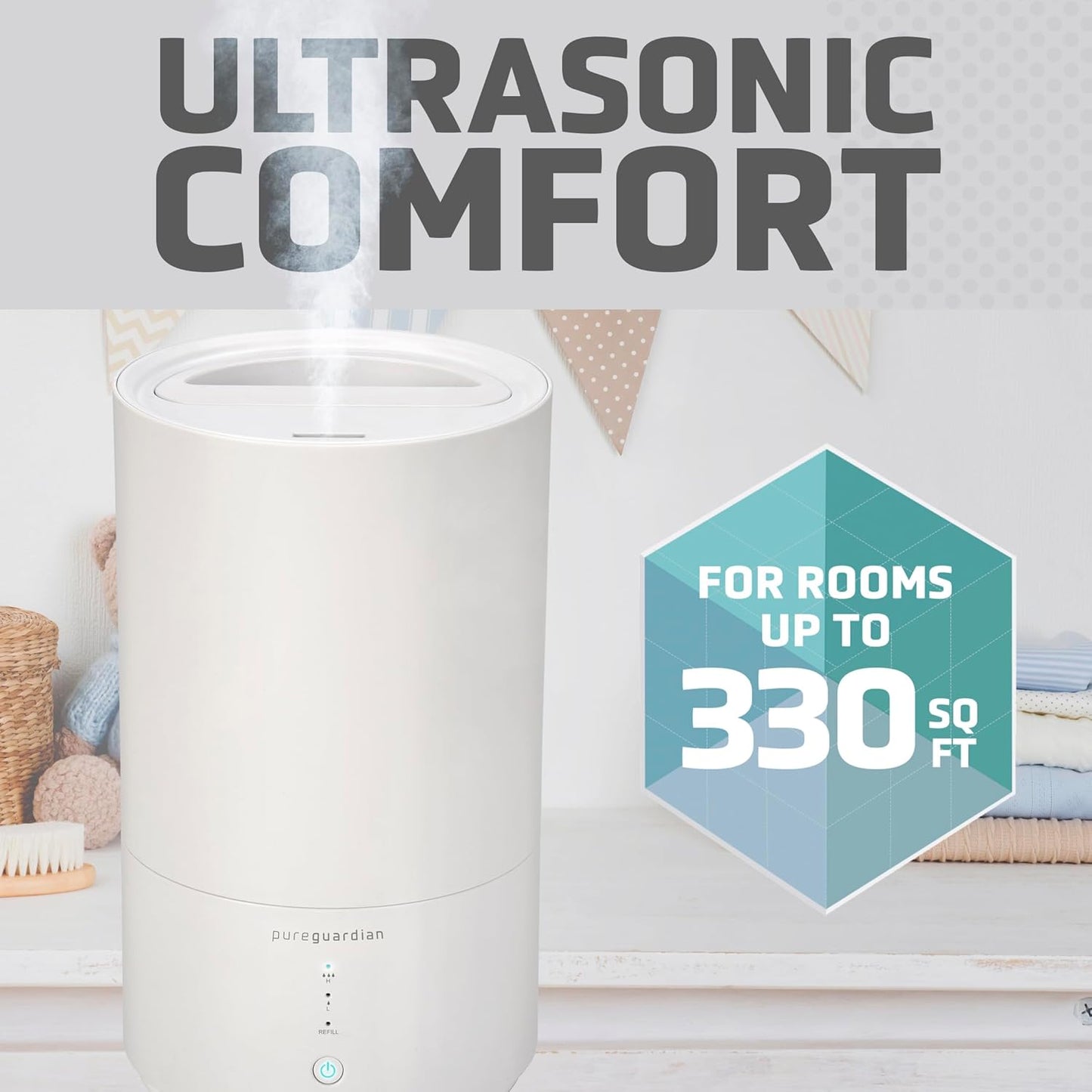 PureGuardian 30-Hour 0.80 Gal. Top Fill Cool Mist Ultrasonic Humidifier for Home with Aromatherapy Tray, Covers 320 Sq. Ft, White, H950AR